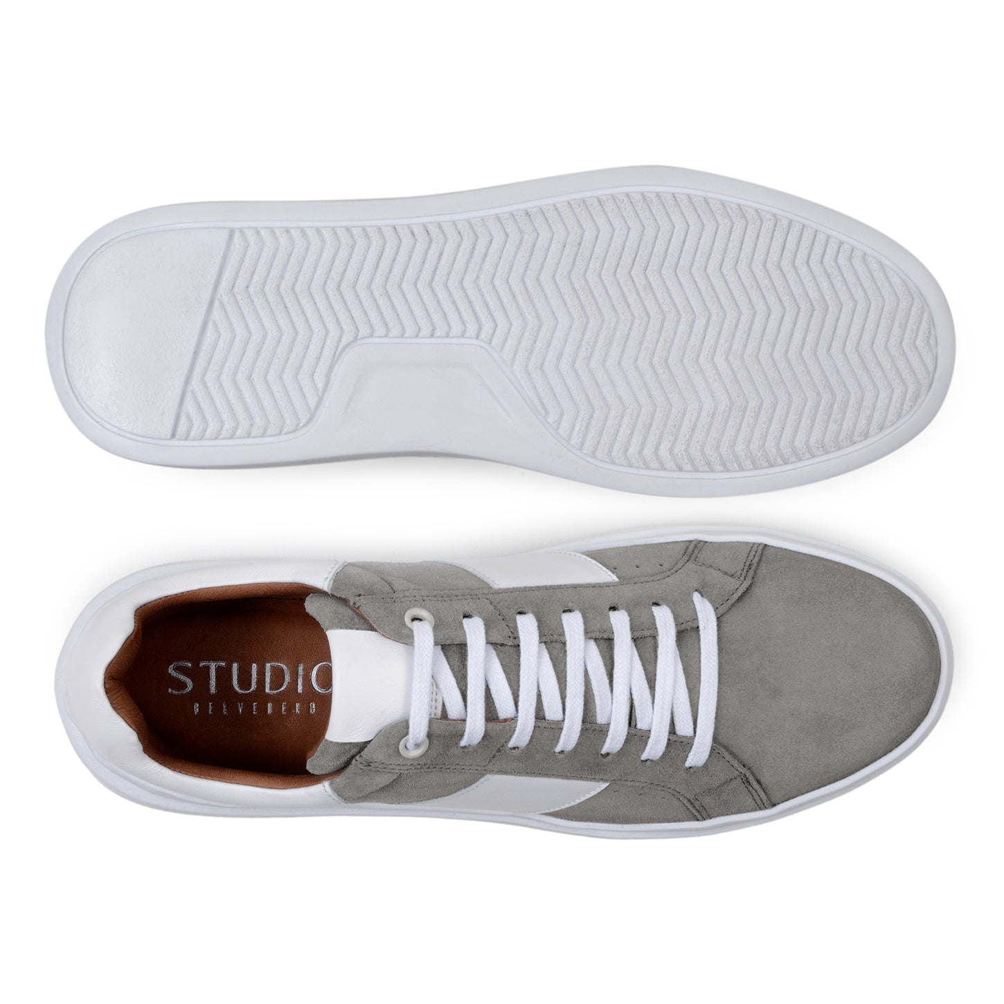 The BELVEDERE Belvedere - Olivier is a gray and white Italian suede/soft calf low-top shoe with a white sole, laces, and side stripe, shown in a side view on a plain background.