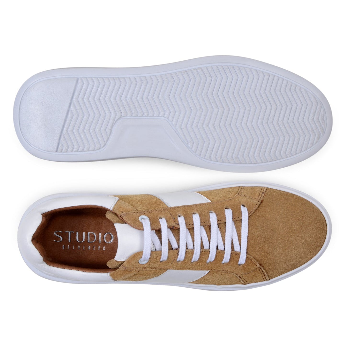 The BELVEDERE Olivier is a tan Italian suede and soft calf sneaker with a white leather stripe, white laces, thick white rubber sole, and cushioned insole, shown in side profile.
