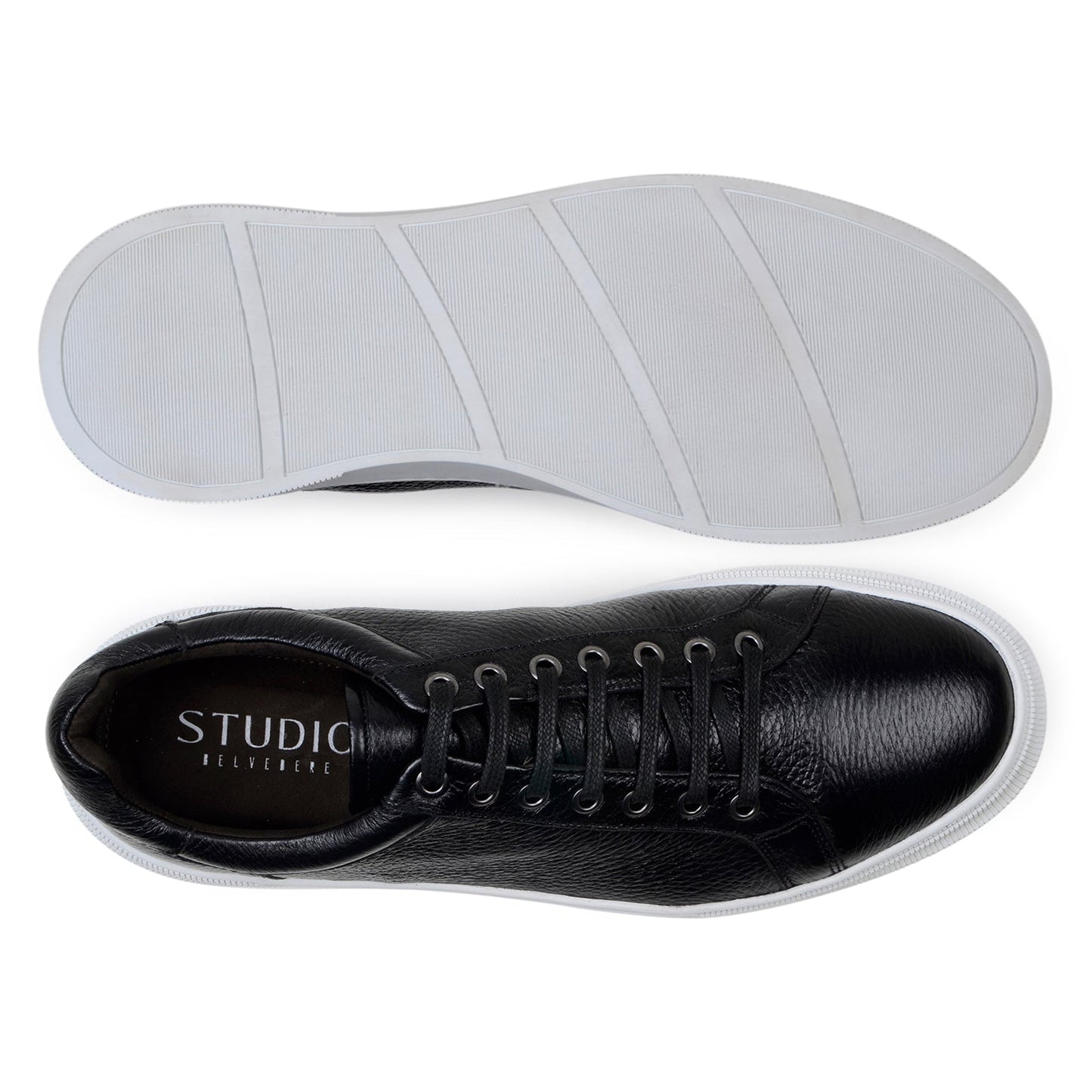 The BELVEDERE Matteo is a black genuine deerskin leather low-top sneaker with black laces, a white rubber sole, and cushioned insole, pictured in side profile against a plain white background.