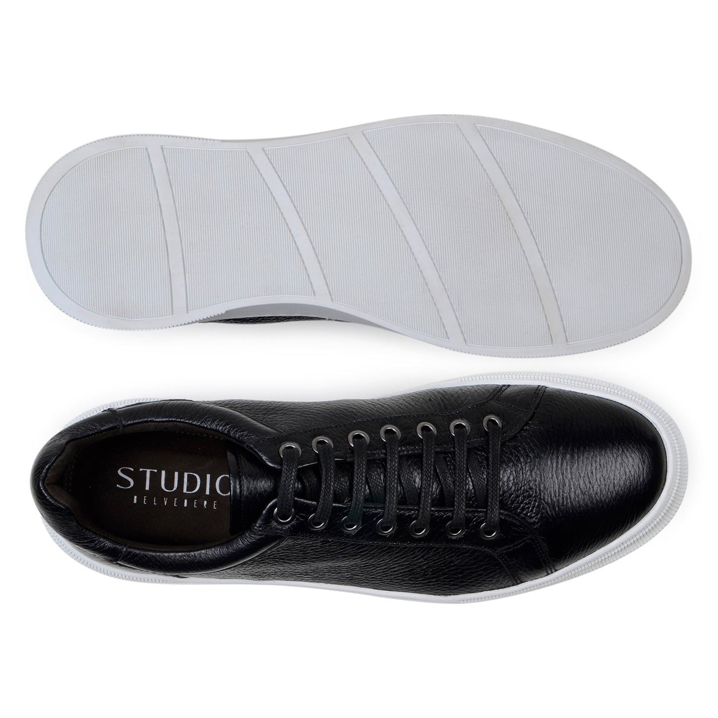 The BELVEDERE Matteo is a black genuine deerskin leather low-top sneaker with black laces, a white rubber sole, and cushioned insole, pictured in side profile against a plain white background.