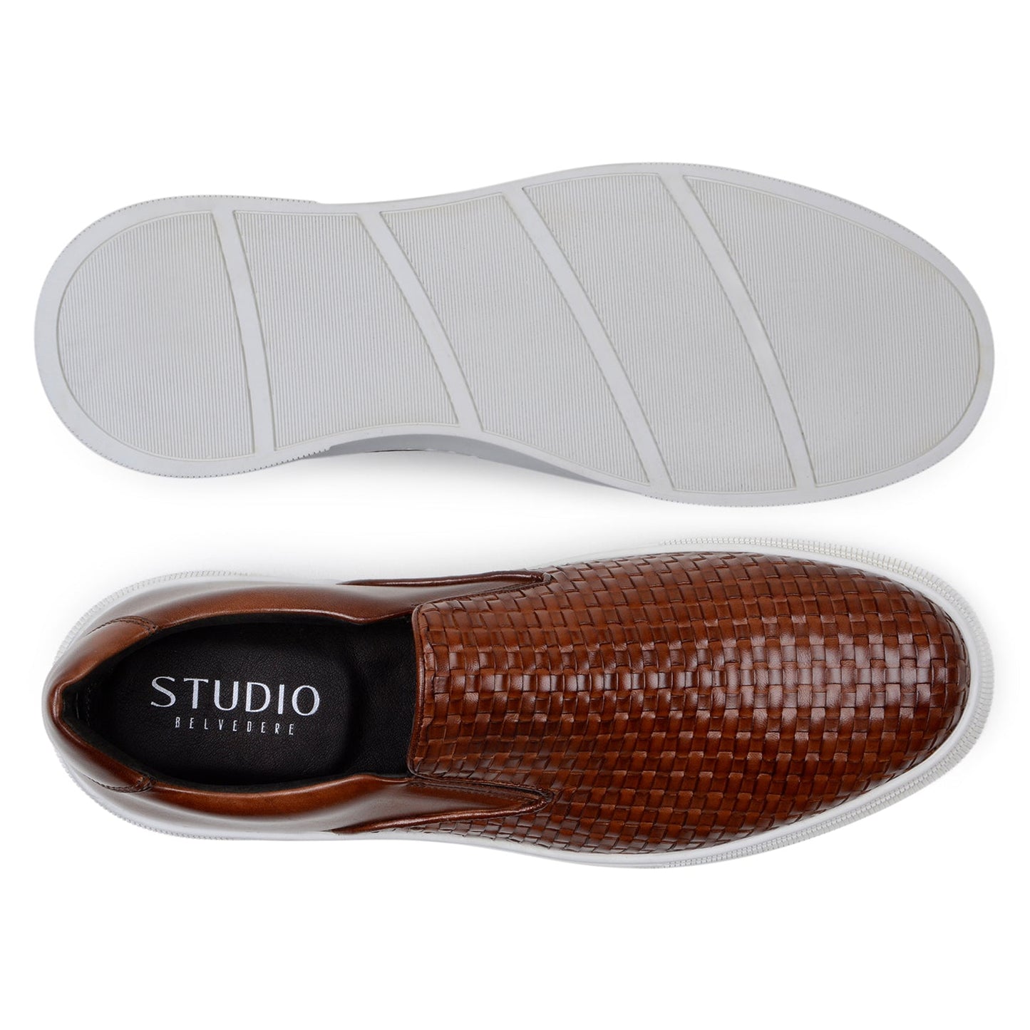 The BELVEDERE Belvedere - Fernando sneaker features an antique tan handwoven leather upper and white rubber sole, shown in side profile on a white background—a refined, casual style by BELVEDERE.