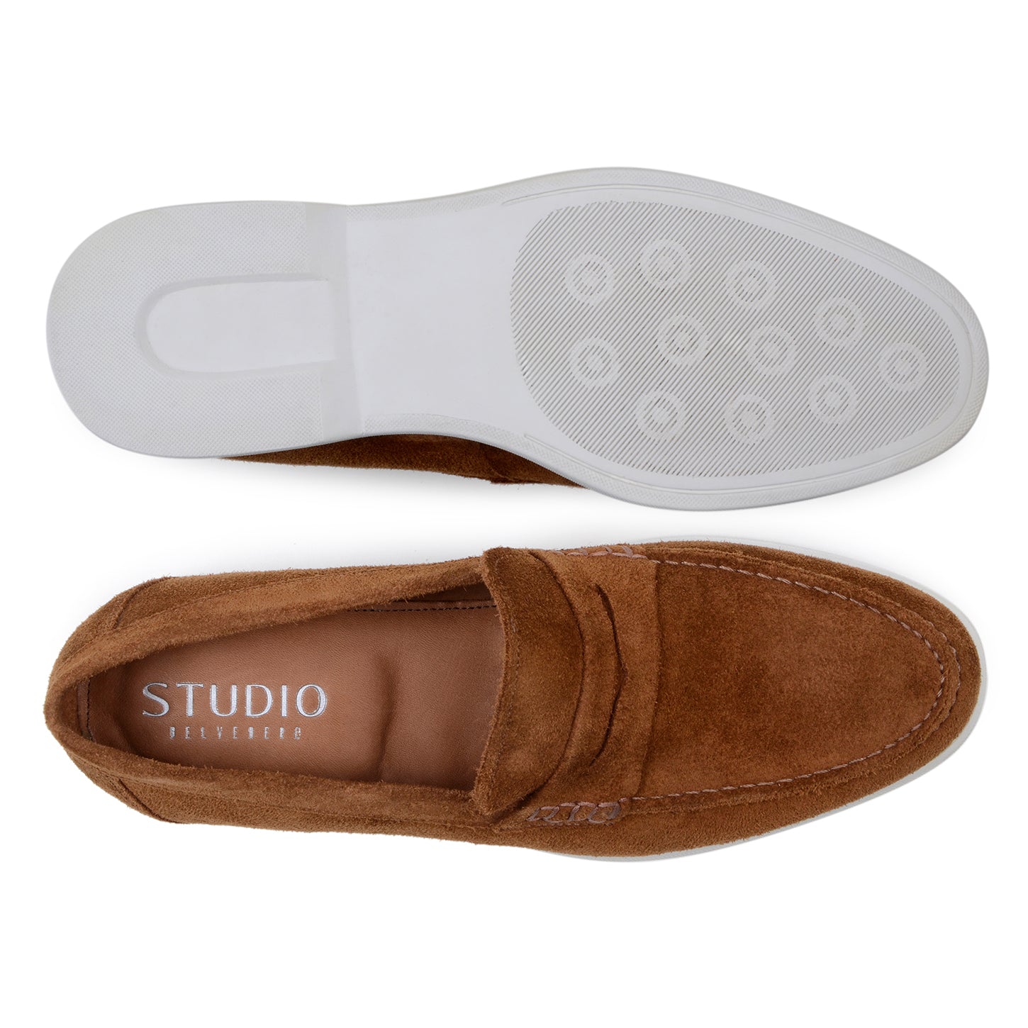The BELVEDERE Belvedere - Niko Italian Suede Penny Loafer in Bourbon features brown suede, a white rubber sole, stitched side detail, and a low heel. This lightweight dress shoe is displayed on a plain white background.
