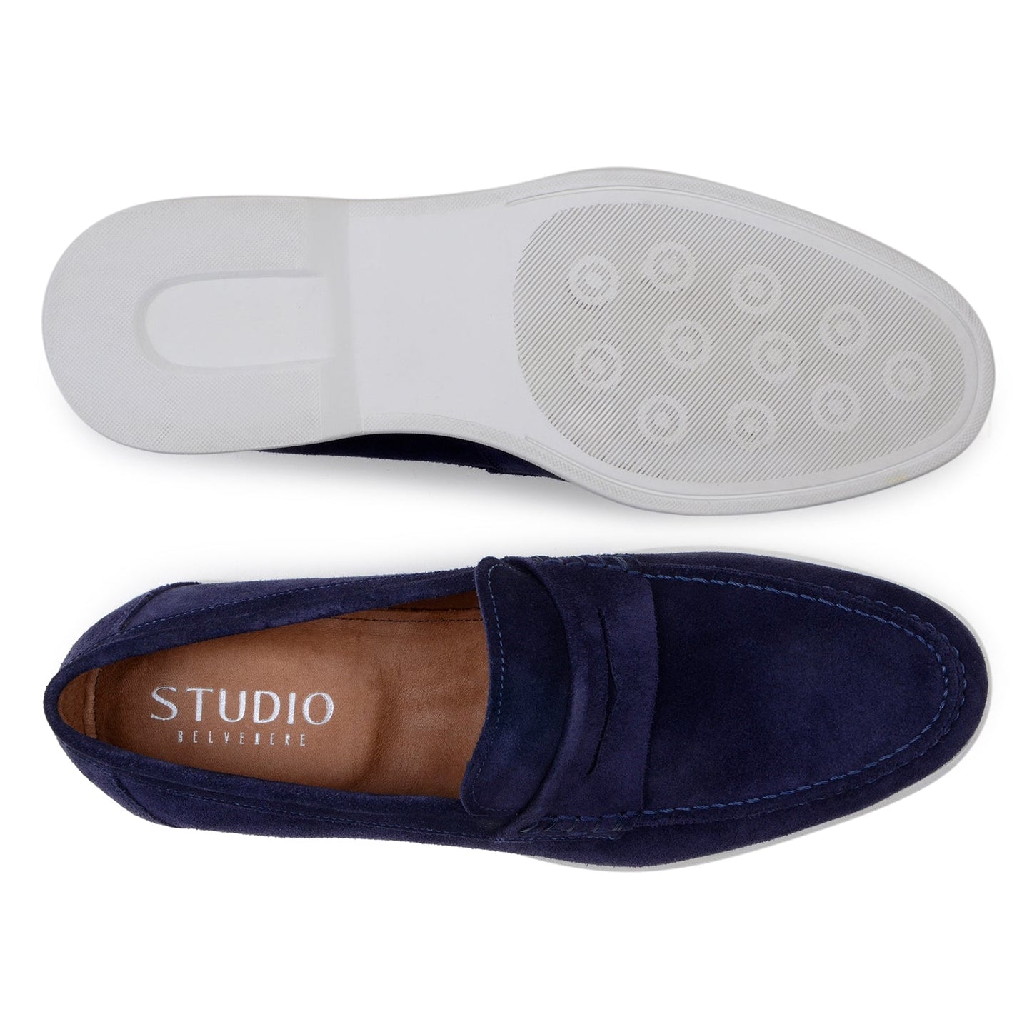 The BELVEDERE Niko is a men's penny loafer in navy Italian suede with hand-stitching and a white rubber sole, shown in side profile against a white background.