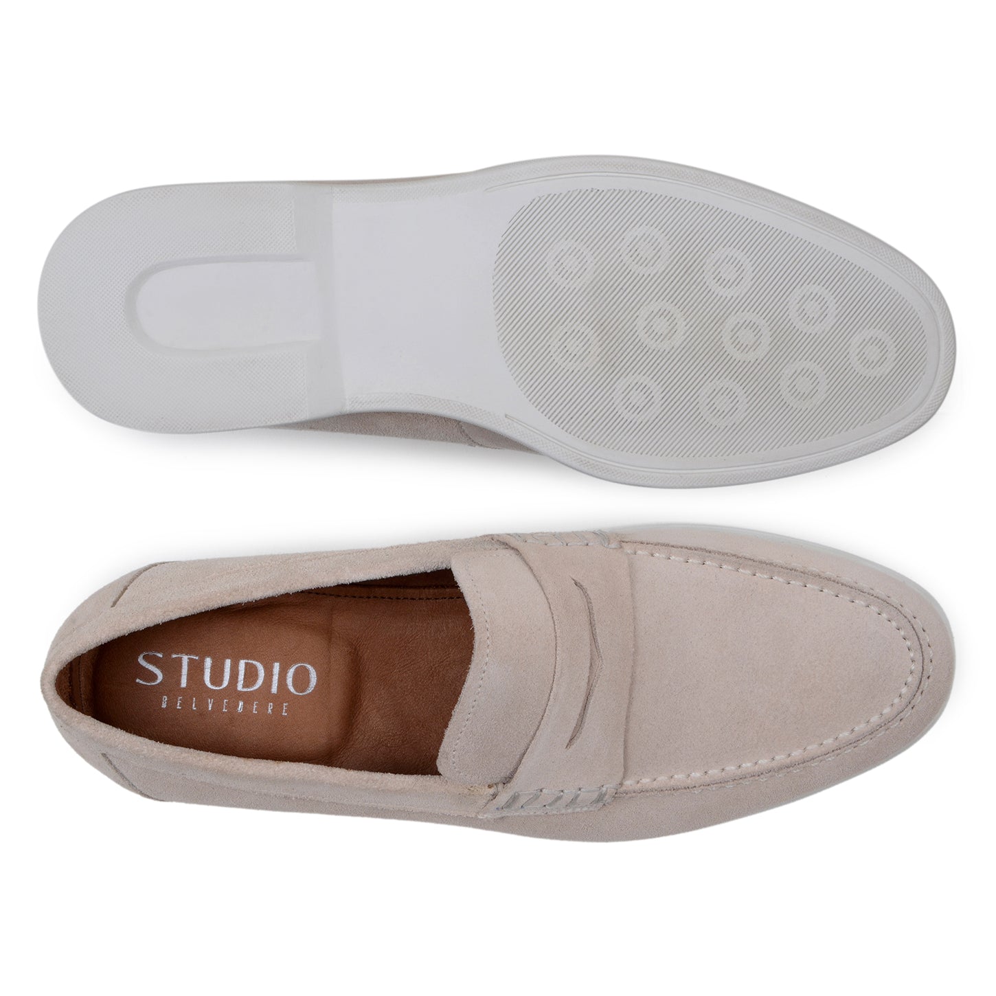 The BELVEDERE Belvedere - Niko Italian suede penny loafer in sand features a white rubber sole, moccasin-style stitching, and low heel—ideal lightweight slip-ons for men's loafer collections. Shown side profile on white background.