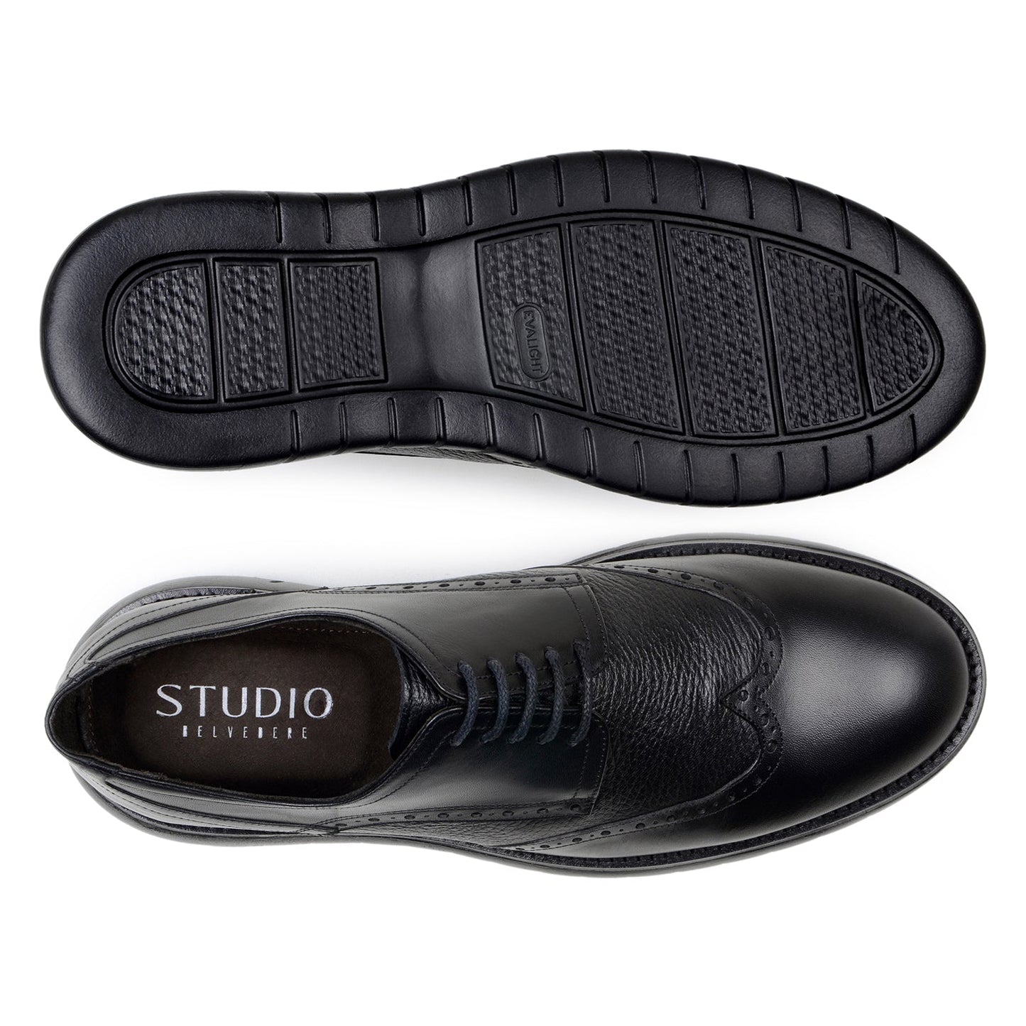 The BELVEDERE Belvedere - Enzo is a black genuine leather shoe with brogue detailing, lace-up closure, a thick textured rubber sole, and a cushioned insole for comfort, displayed in profile against a white background.