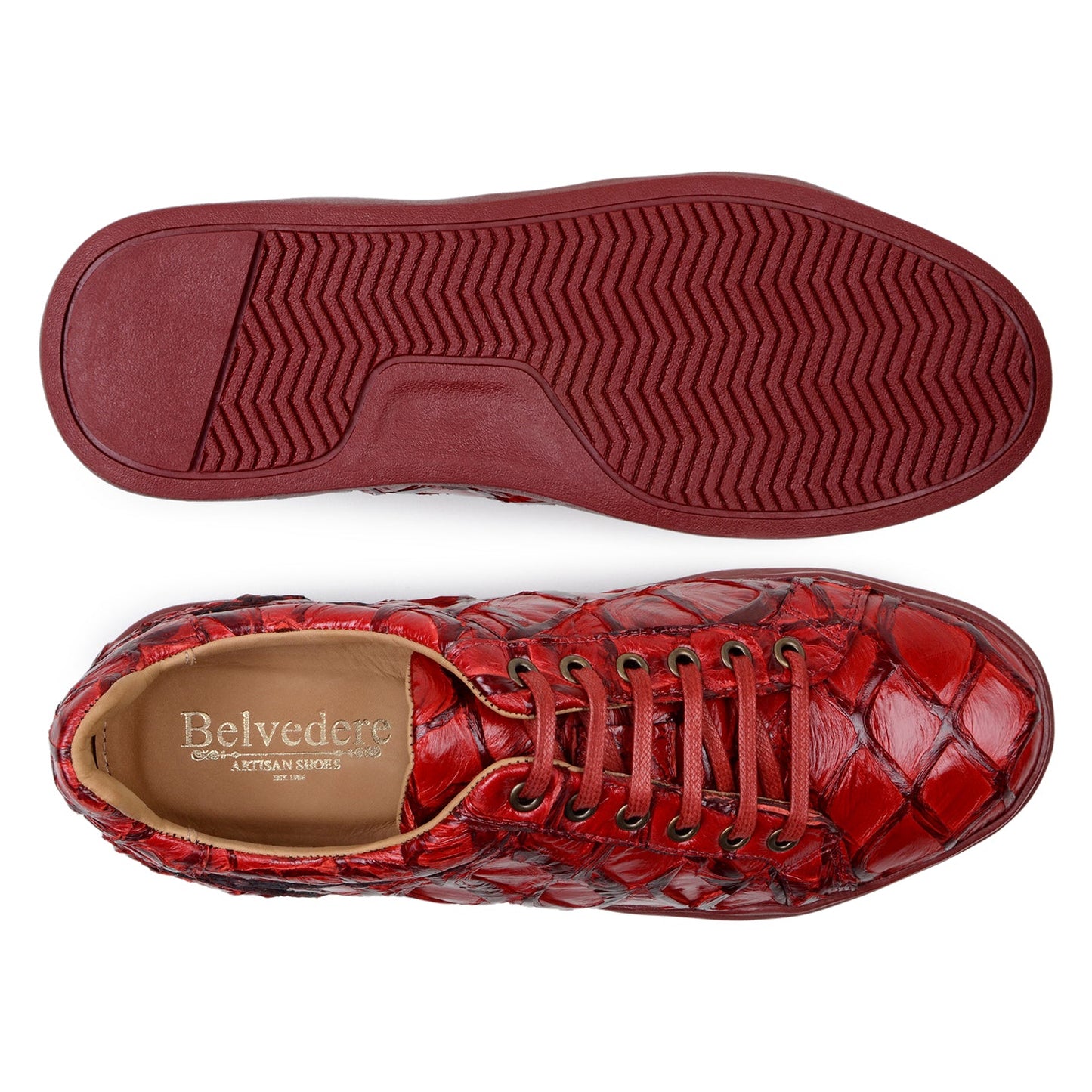 BELVEDERE’s Kingstone Genuine Pirarucu Shoe in red (BR02) features a glossy, textured crocodile-like finish, flat sole, gold eyelets, and lace-up design—shown here in a striking side profile view.