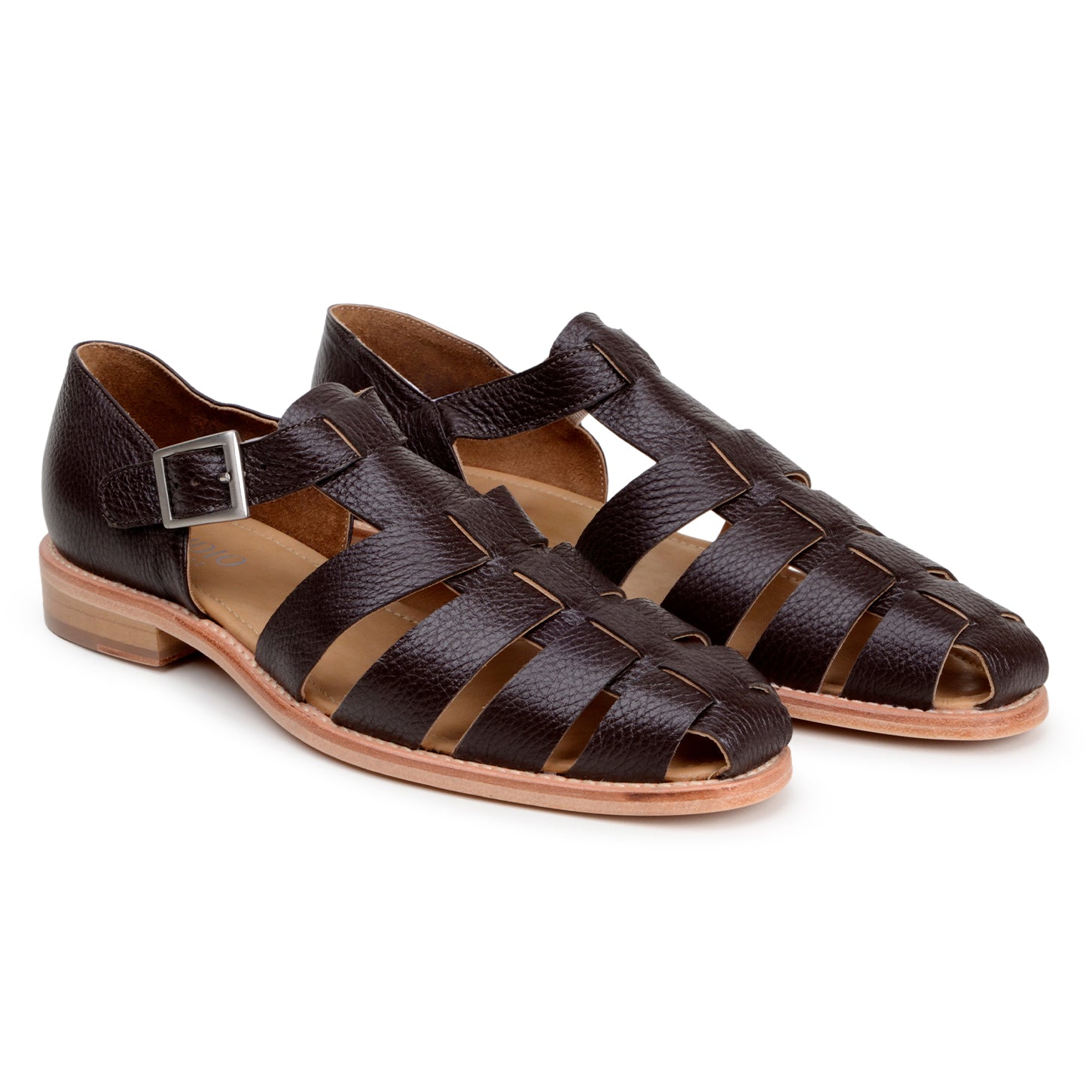 The BELVEDERE Elio is a brown genuine Italian deerskin leather fisherman sandal with a closed heel, open toe, side buckle, and flat sole, shown in side profile.