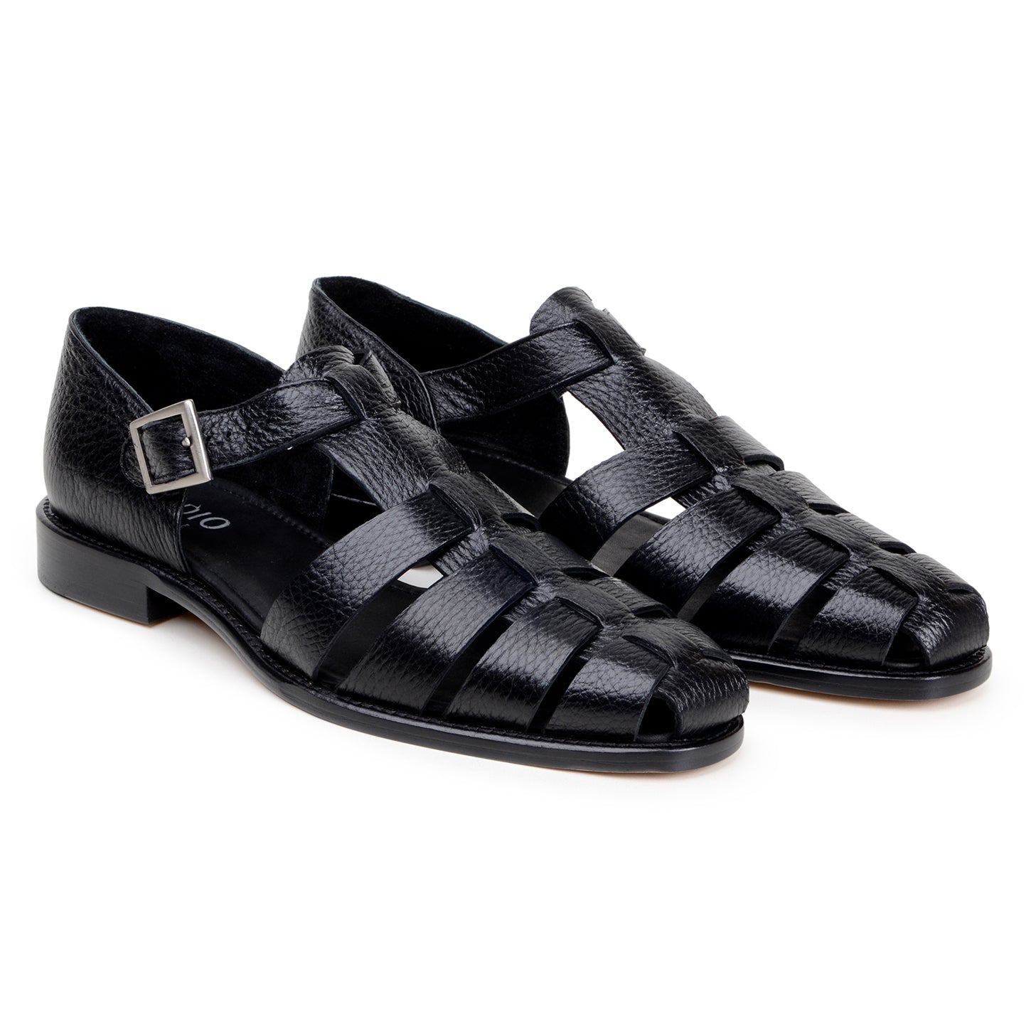 The BELVEDERE Elio is a genuine Italian deerskin leather fisherman sandal in black, featuring a closed heel, open sides, toe cutouts, and a silver buckle strap, shown in profile against a white background.