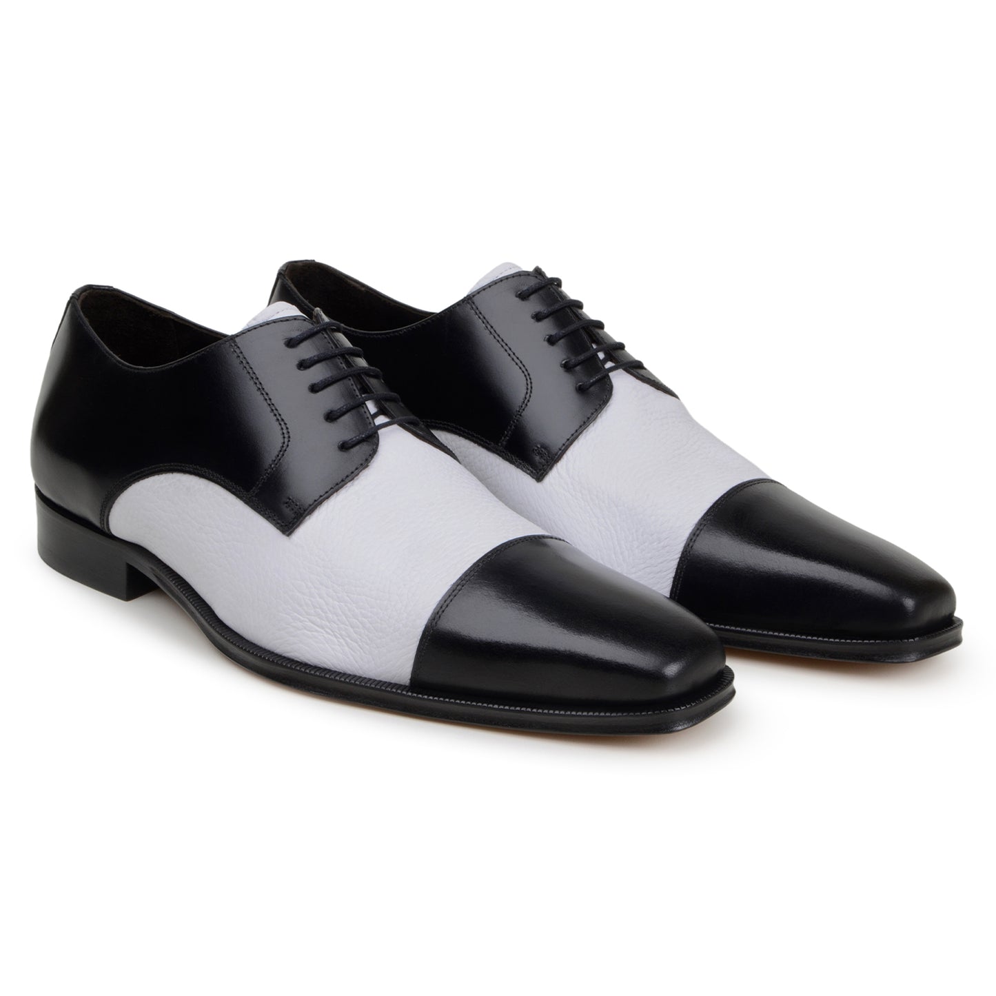 The BELVEDERE Belvedere - Alexander is a black and white genuine Italian deerskin/calf dress shoe with black laces, a low heel, and a smooth polished finish.