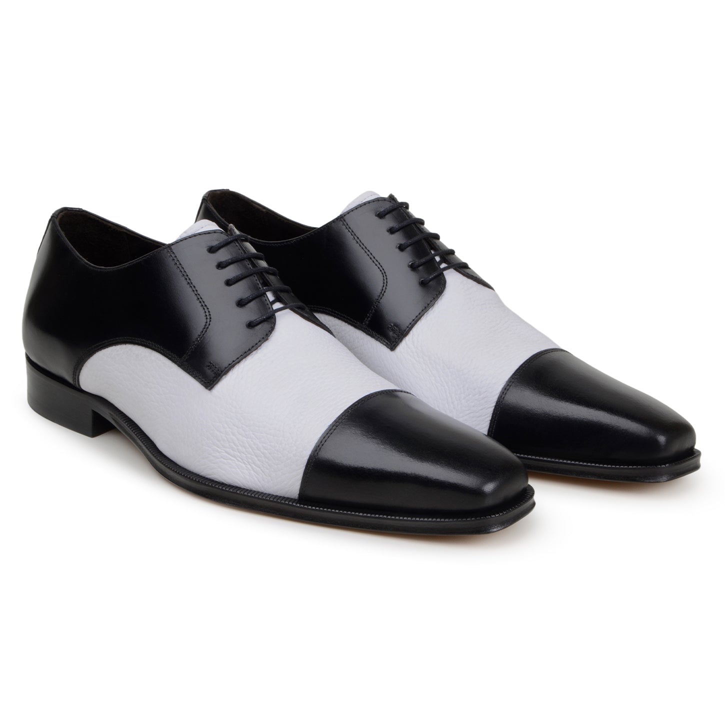 The BELVEDERE Belvedere - Alexander is a black and white genuine Italian deerskin/calf dress shoe with black laces, a low heel, and a smooth polished finish.