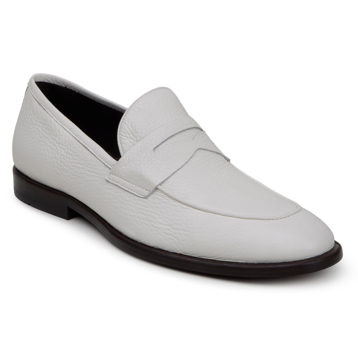 The BELVEDERE Nohr is a genuine Italian deerskin dress shoe in white, handcrafted in Brazil with a low black heel, shown from the side against a plain background.