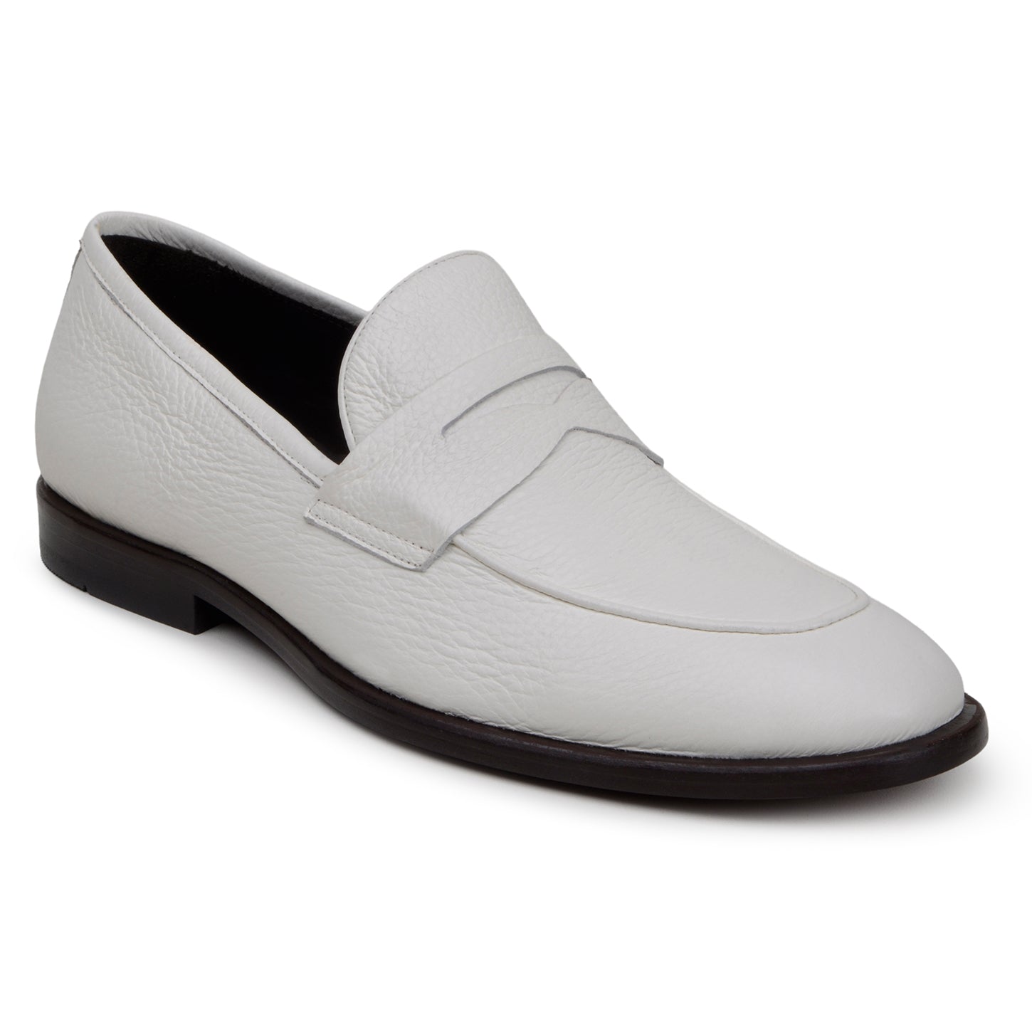 The BELVEDERE Nohr is a genuine Italian deerskin dress shoe in white, handcrafted in Brazil with a low black heel, shown from the side against a plain background.