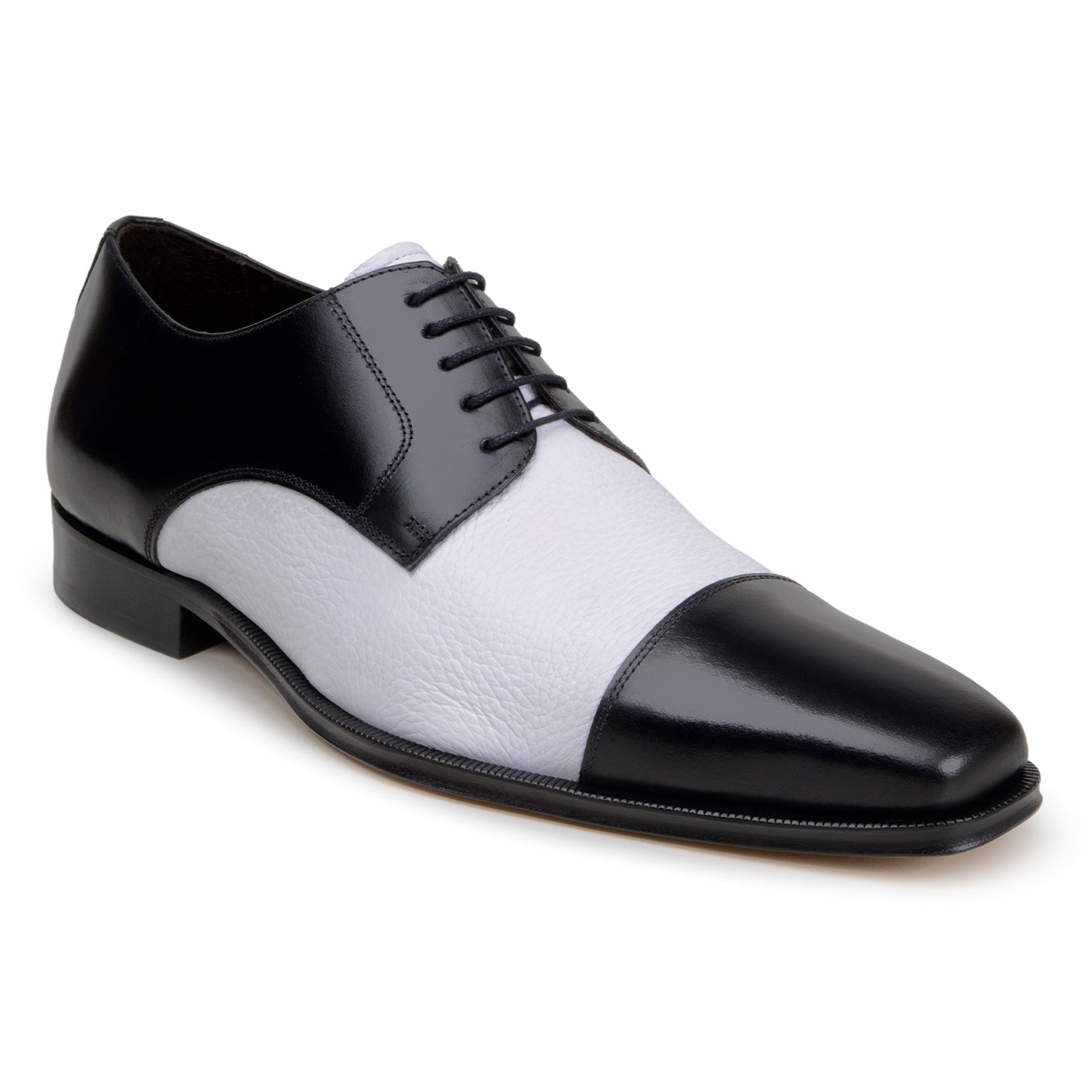 The BELVEDERE Belvedere - Alexander is a black and white genuine Italian deerskin/calf dress shoe with black laces, a low heel, and a smooth polished finish.