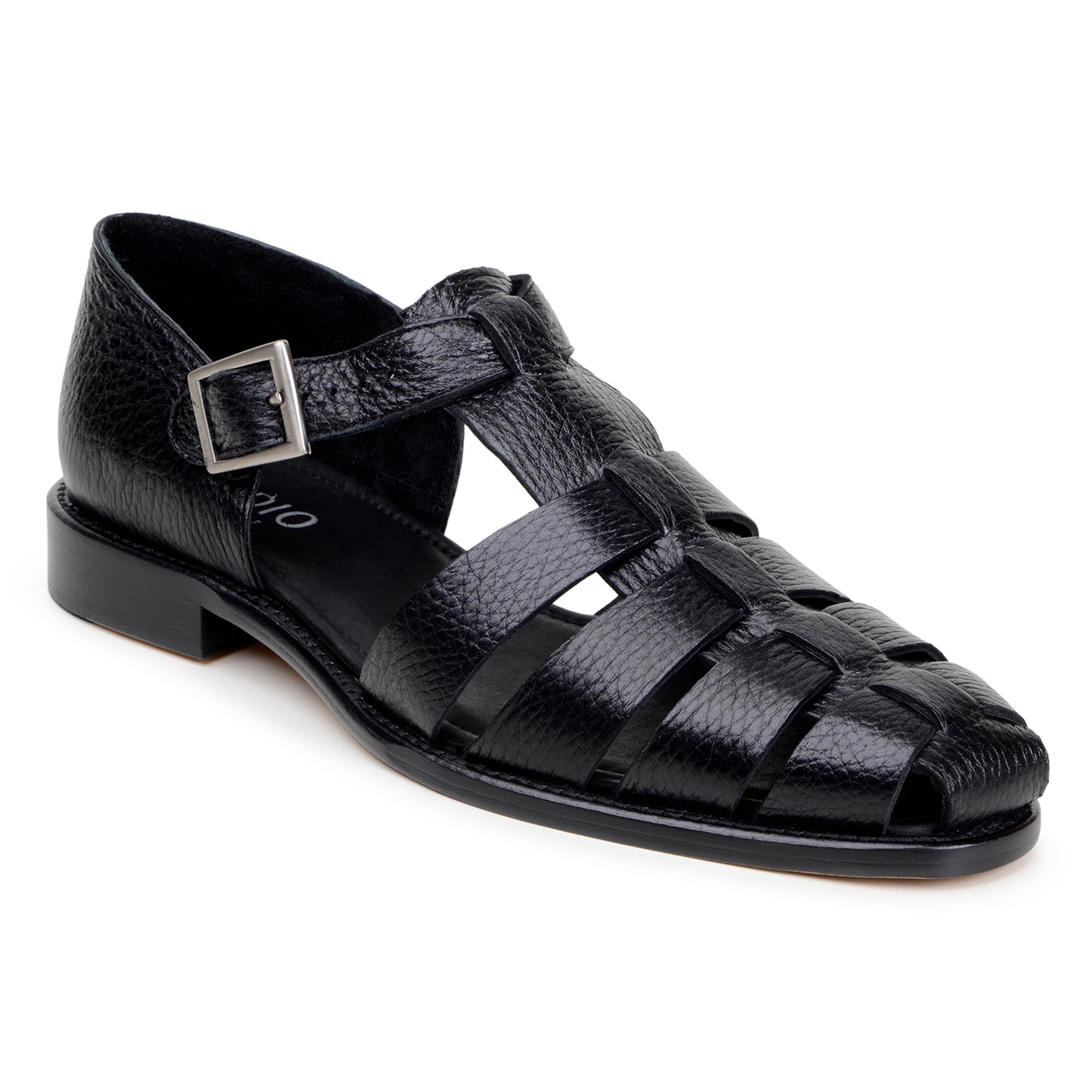 The BELVEDERE Elio is a genuine Italian deerskin leather fisherman sandal in black, featuring a closed heel, open sides, toe cutouts, and a silver buckle strap, shown in profile against a white background.
