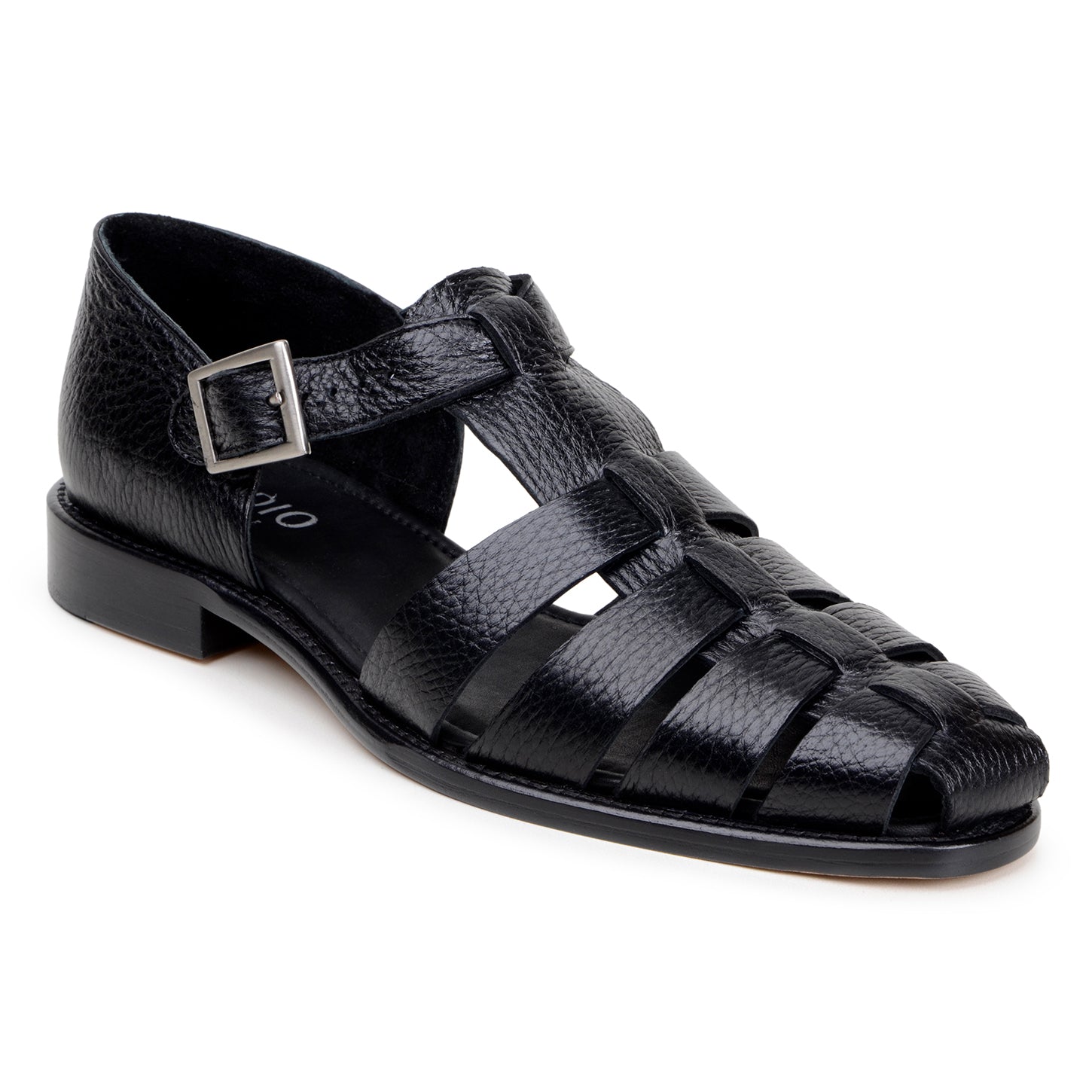 The BELVEDERE Elio is a genuine Italian deerskin leather fisherman sandal in black, featuring a closed heel, open sides, toe cutouts, and a silver buckle strap, shown in profile against a white background.
