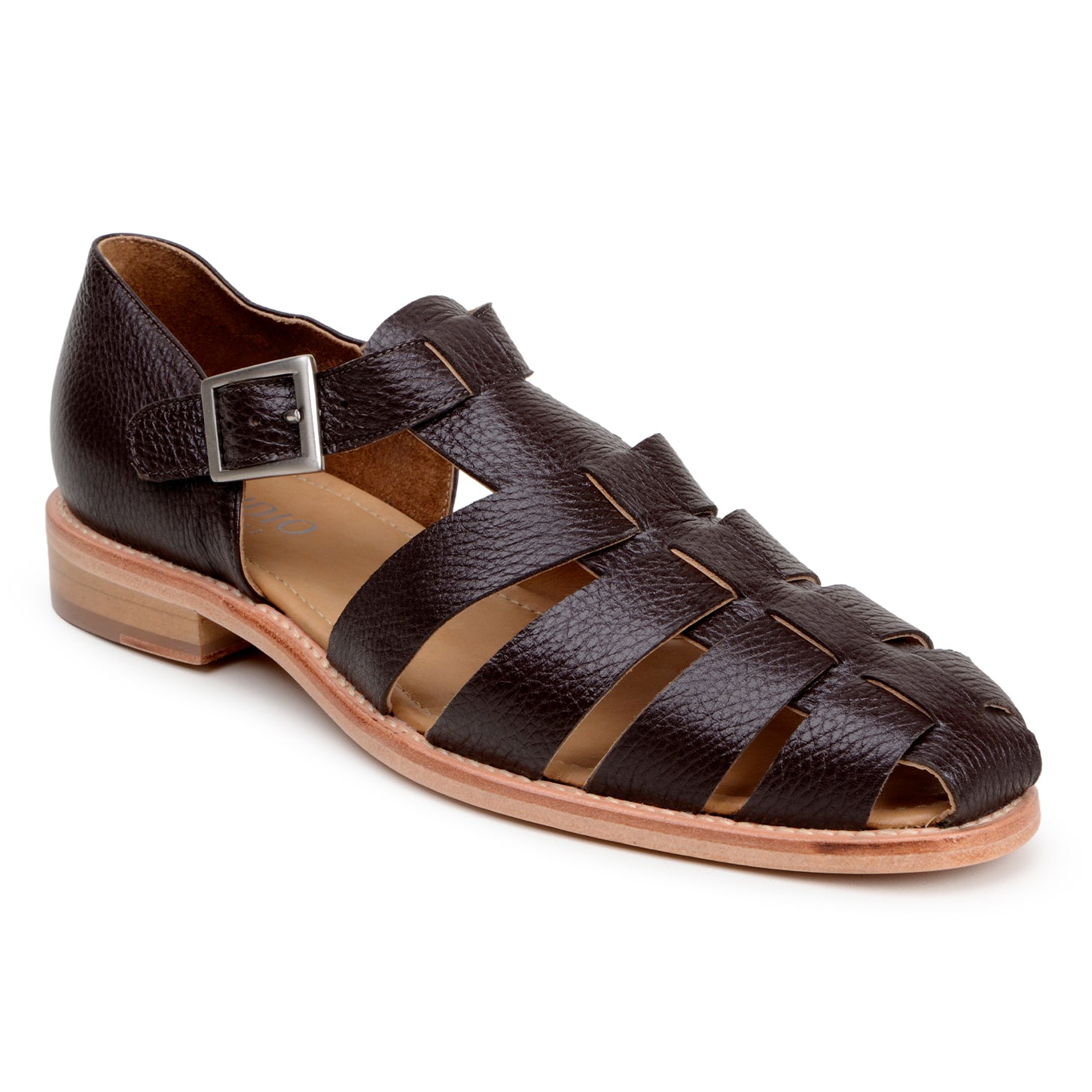 The BELVEDERE Elio is a brown genuine Italian deerskin leather fisherman sandal with a closed heel, open toe, side buckle, and flat sole, shown in side profile.