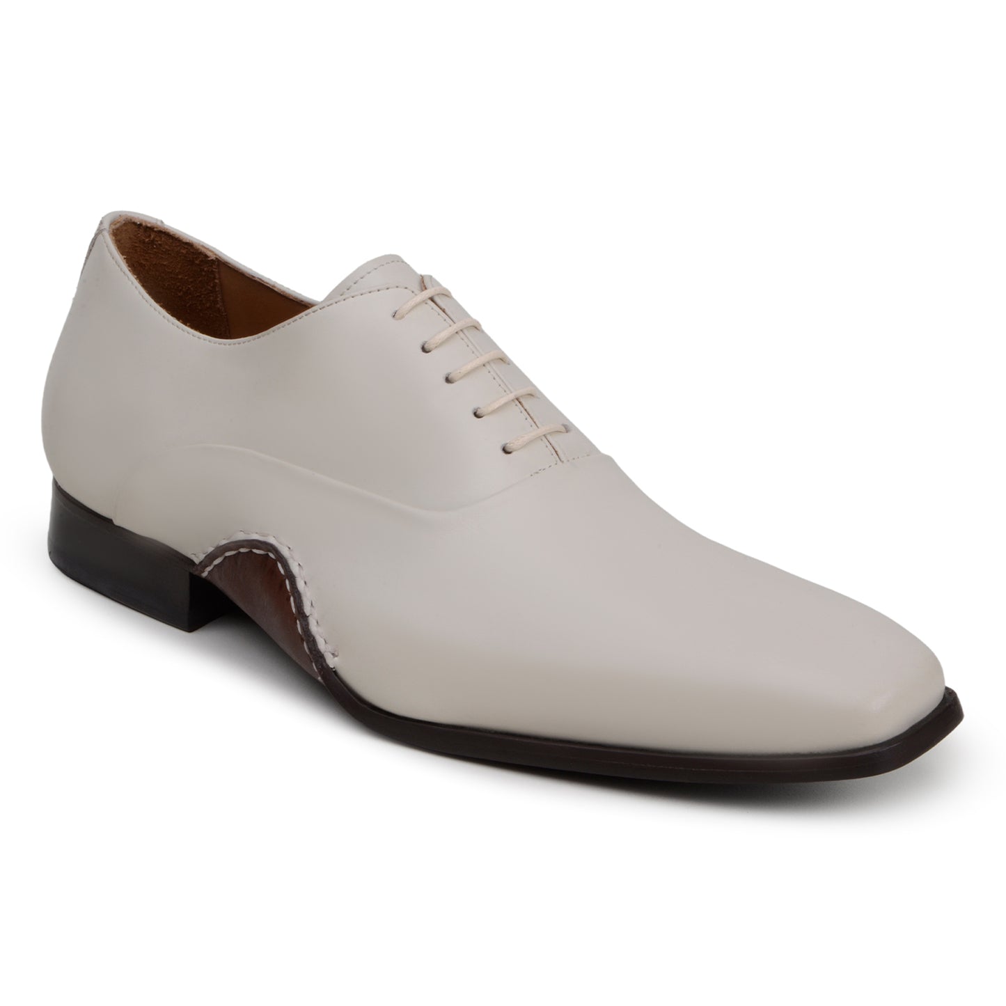 The BELVEDERE Belvedere - Bianca Italian Calf Dress Shoe in Light Bone is a cream-colored full leather oxford with a low heel, brown sole, white stitching, and closed lacing, shown in profile against a white background.