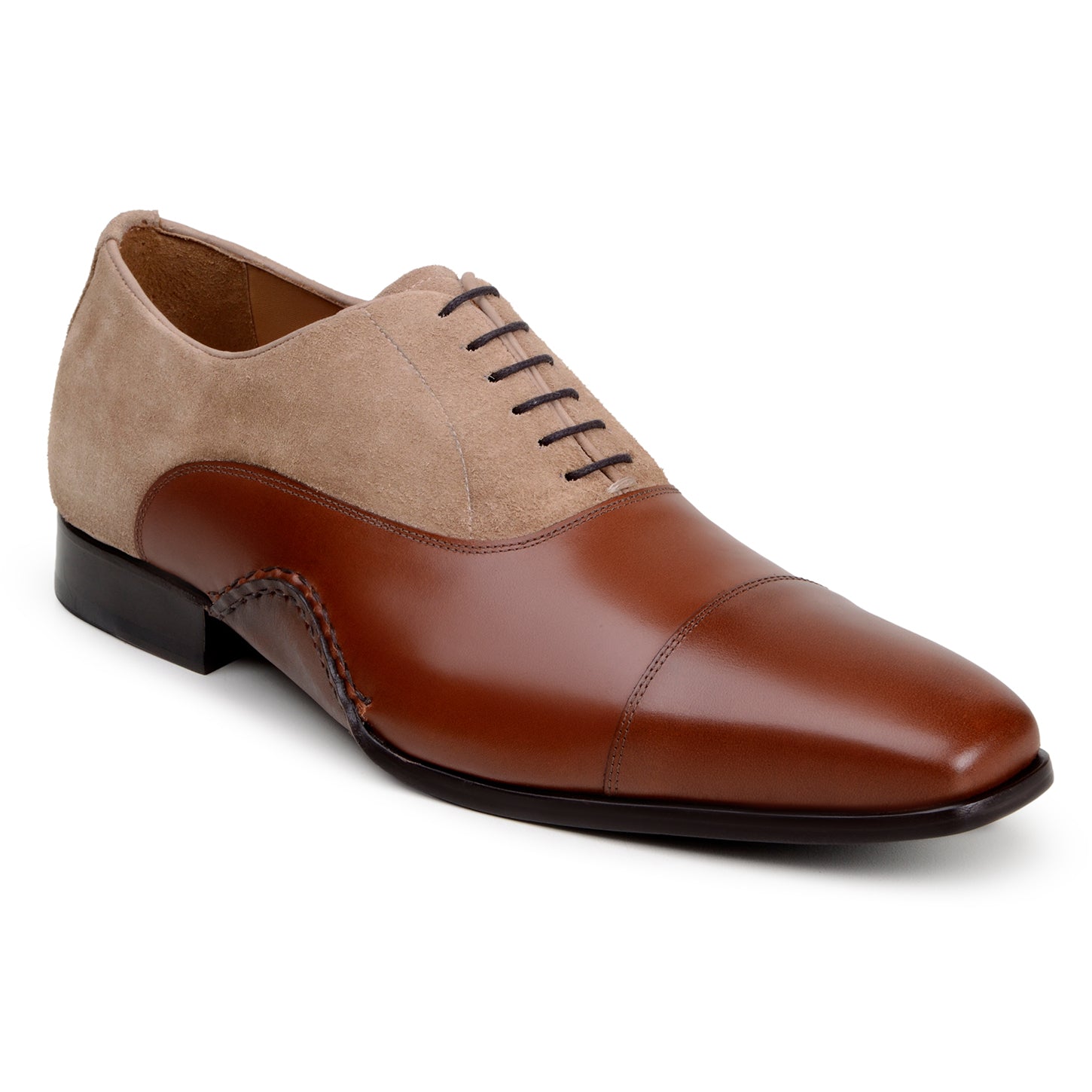 The Belvedere Leontes is a men's dress shoe in Ant. Cognac/Oat, combining Italian calf leather and light brown suede on the upper with dark brown leather on the toe, heel, and sole. Features include a low heel and lace-up closure.