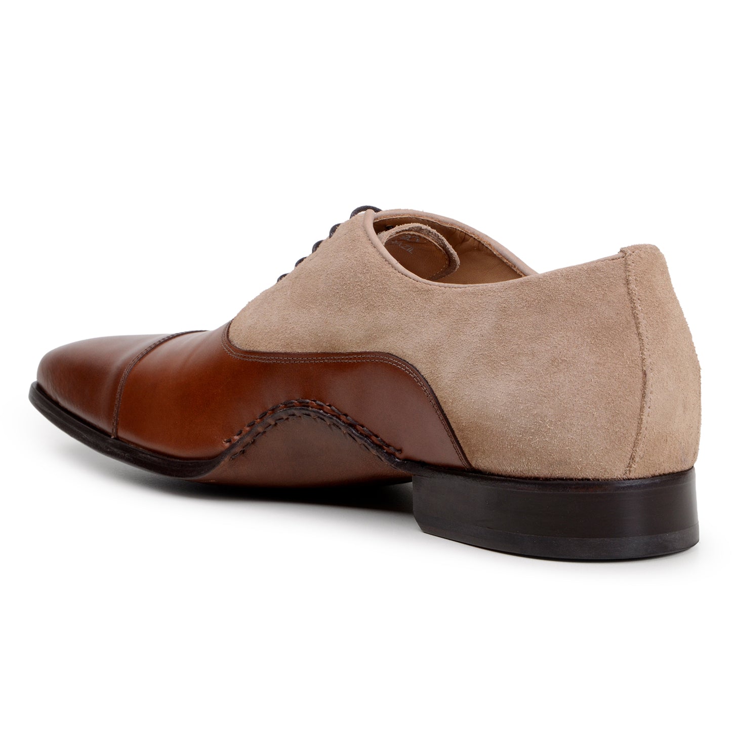 The Belvedere Leontes is a men's dress shoe in Ant. Cognac/Oat, combining Italian calf leather and light brown suede on the upper with dark brown leather on the toe, heel, and sole. Features include a low heel and lace-up closure.