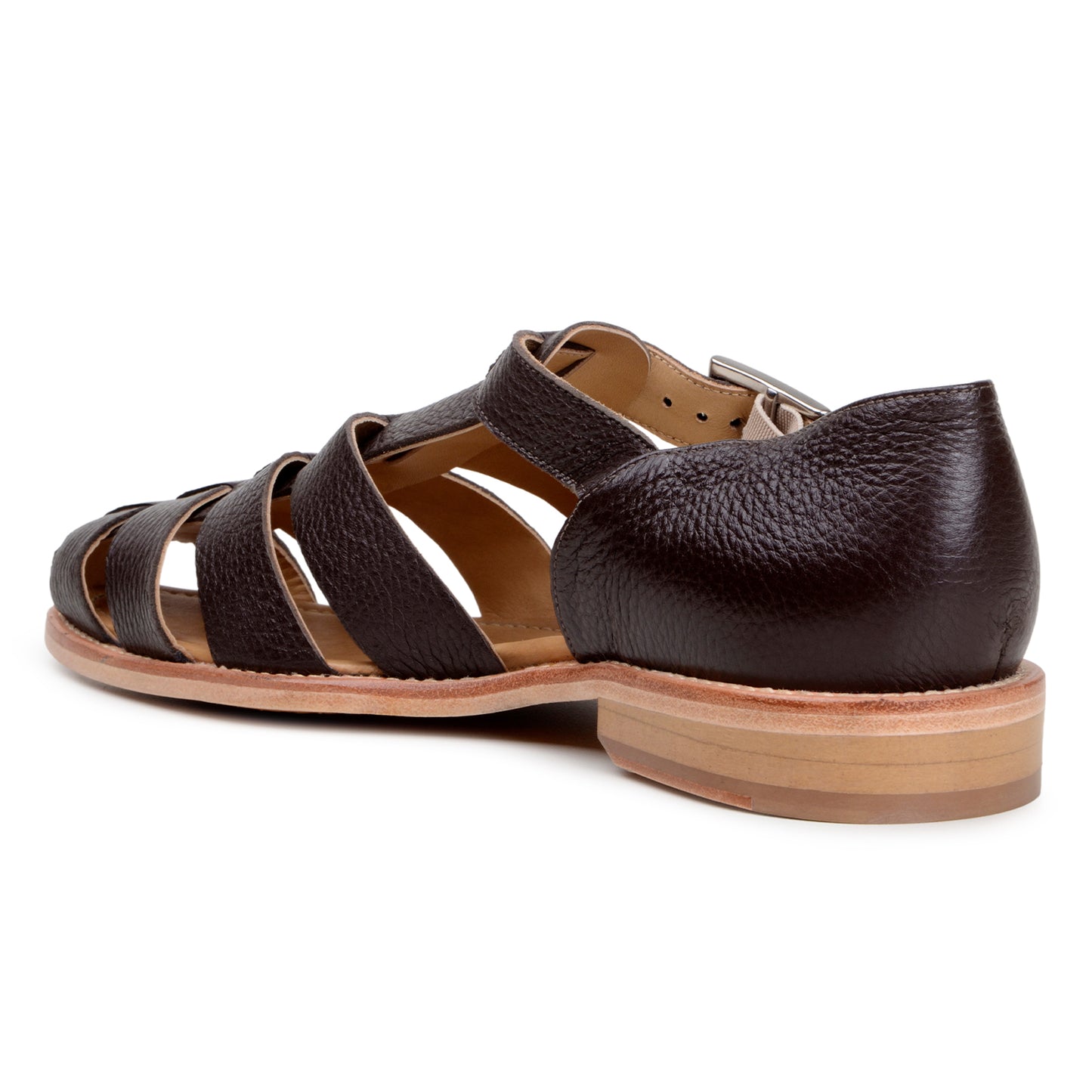 The BELVEDERE Elio is a brown genuine Italian deerskin leather fisherman sandal with a closed heel, open toe, side buckle, and flat sole, shown in side profile.