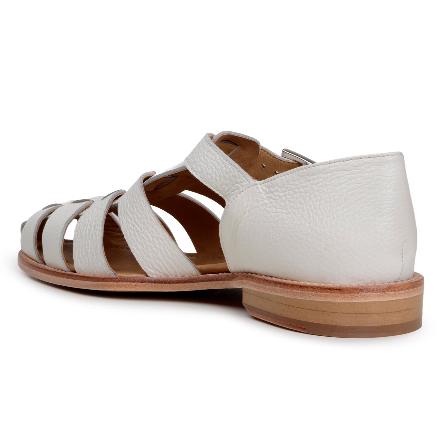 The BELVEDERE Elio sandal features genuine Italian deerskin leather in Milk, with a closed heel, open toe, cut-out straps, side buckle, and flat wooden sole, shown in side profile.