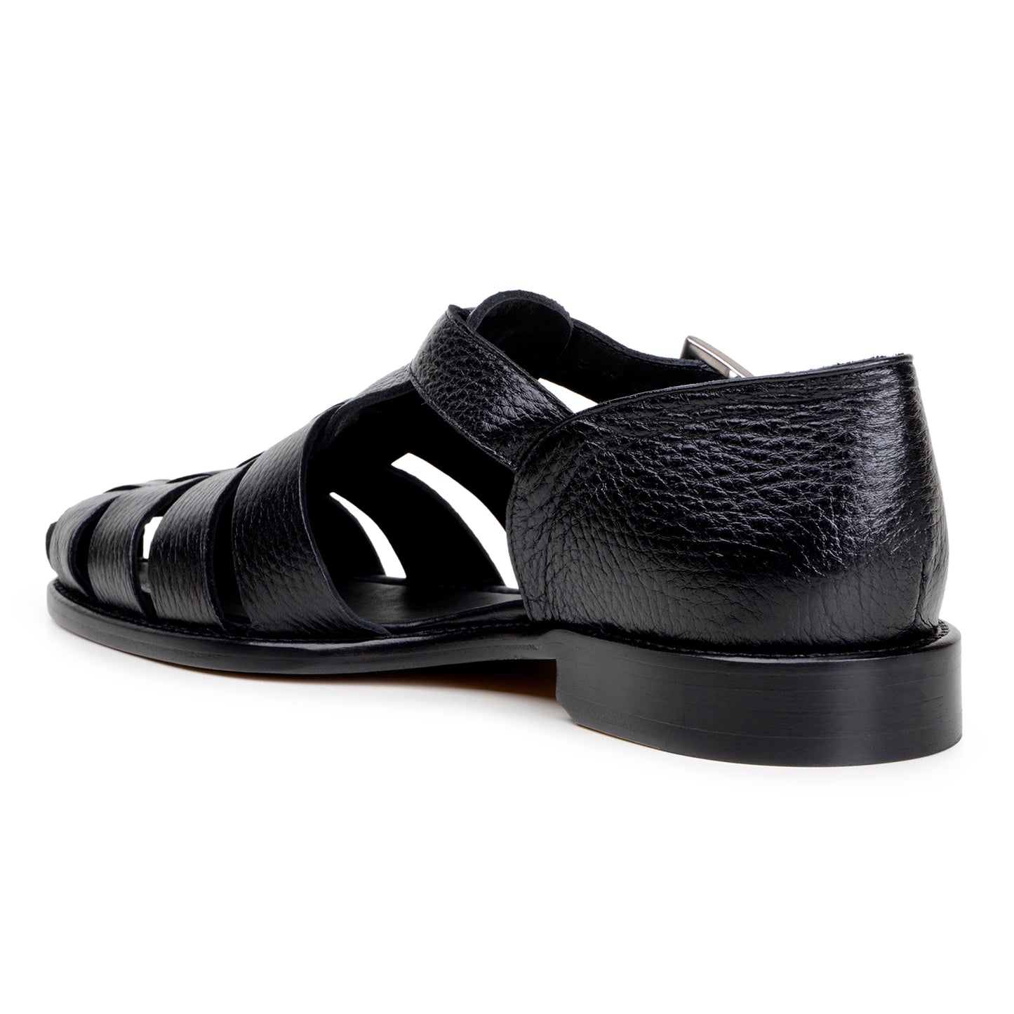 The BELVEDERE Elio is a genuine Italian deerskin leather fisherman sandal in black, featuring a closed heel, open sides, toe cutouts, and a silver buckle strap, shown in profile against a white background.