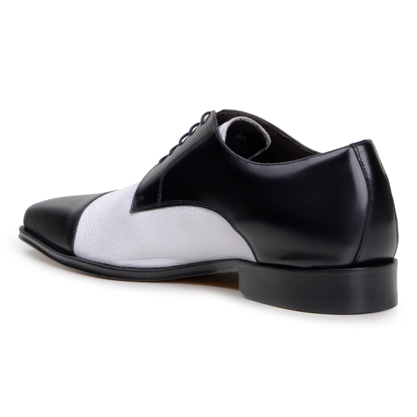 The BELVEDERE Belvedere - Alexander is a black and white genuine Italian deerskin/calf dress shoe with black laces, a low heel, and a smooth polished finish.