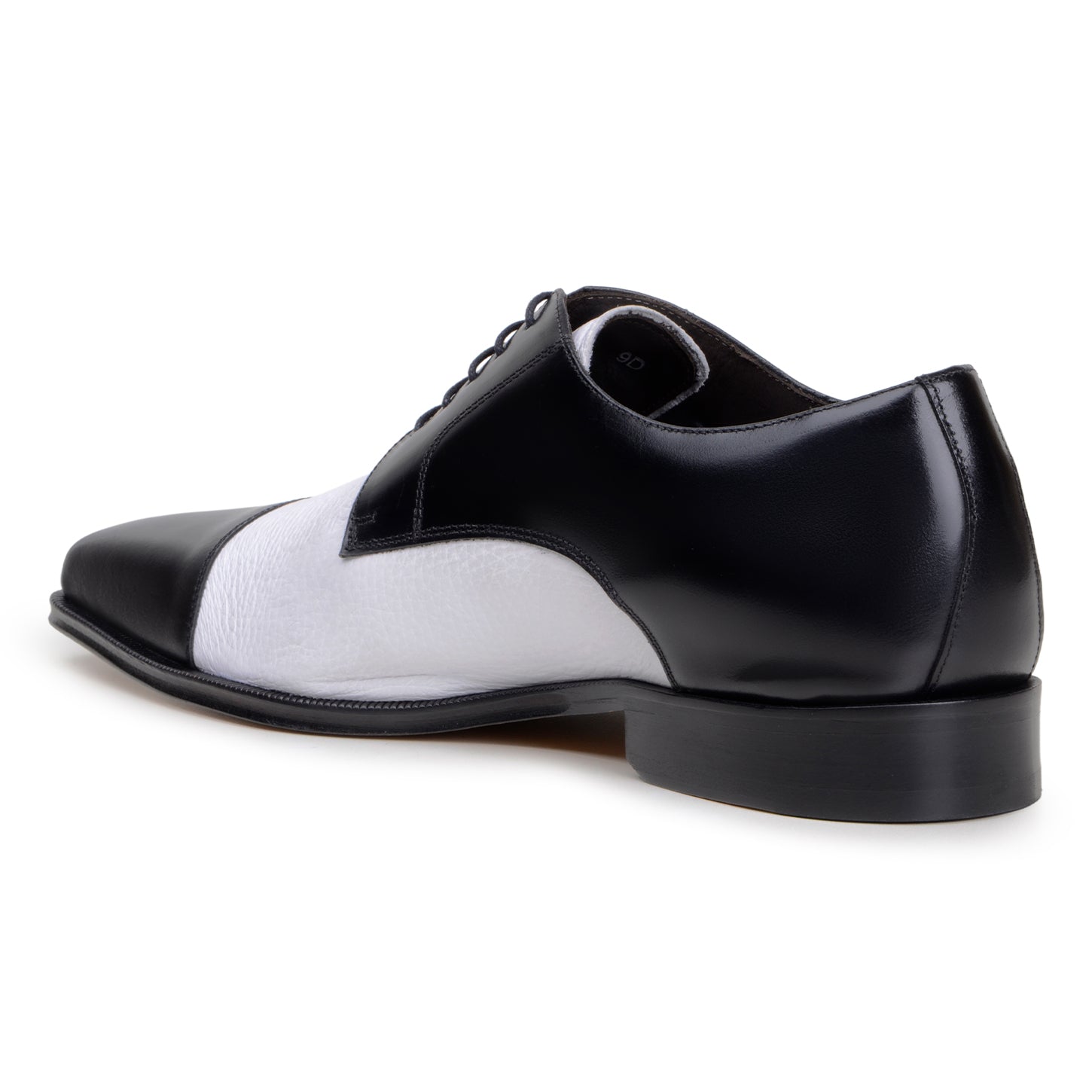 The BELVEDERE Belvedere - Alexander is a black and white genuine Italian deerskin/calf dress shoe with black laces, a low heel, and a smooth polished finish.
