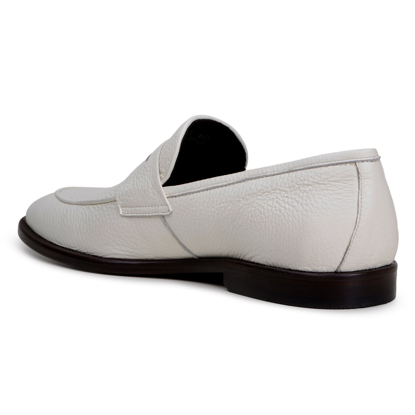 The BELVEDERE Nohr is a genuine Italian deerskin dress shoe in white, handcrafted in Brazil with a low black heel, shown from the side against a plain background.
