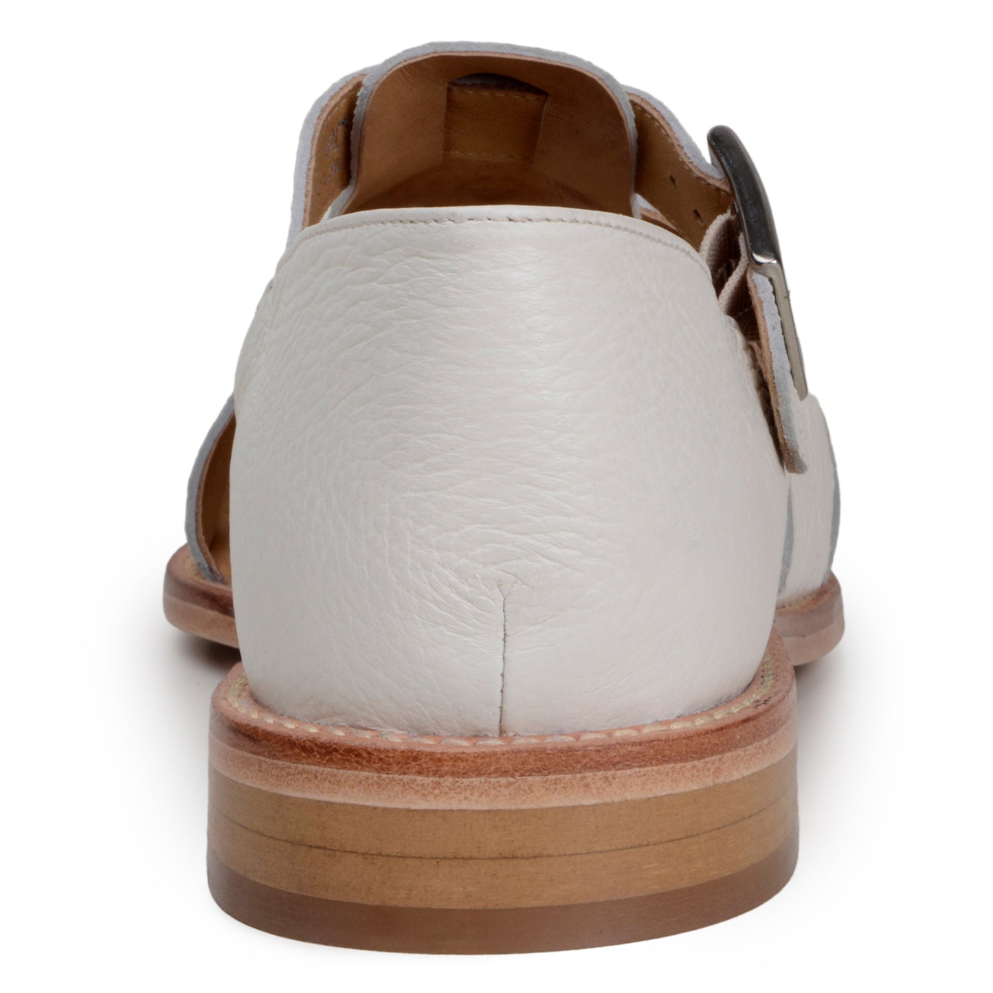 The BELVEDERE Elio sandal features genuine Italian deerskin leather in Milk, with a closed heel, open toe, cut-out straps, side buckle, and flat wooden sole, shown in side profile.