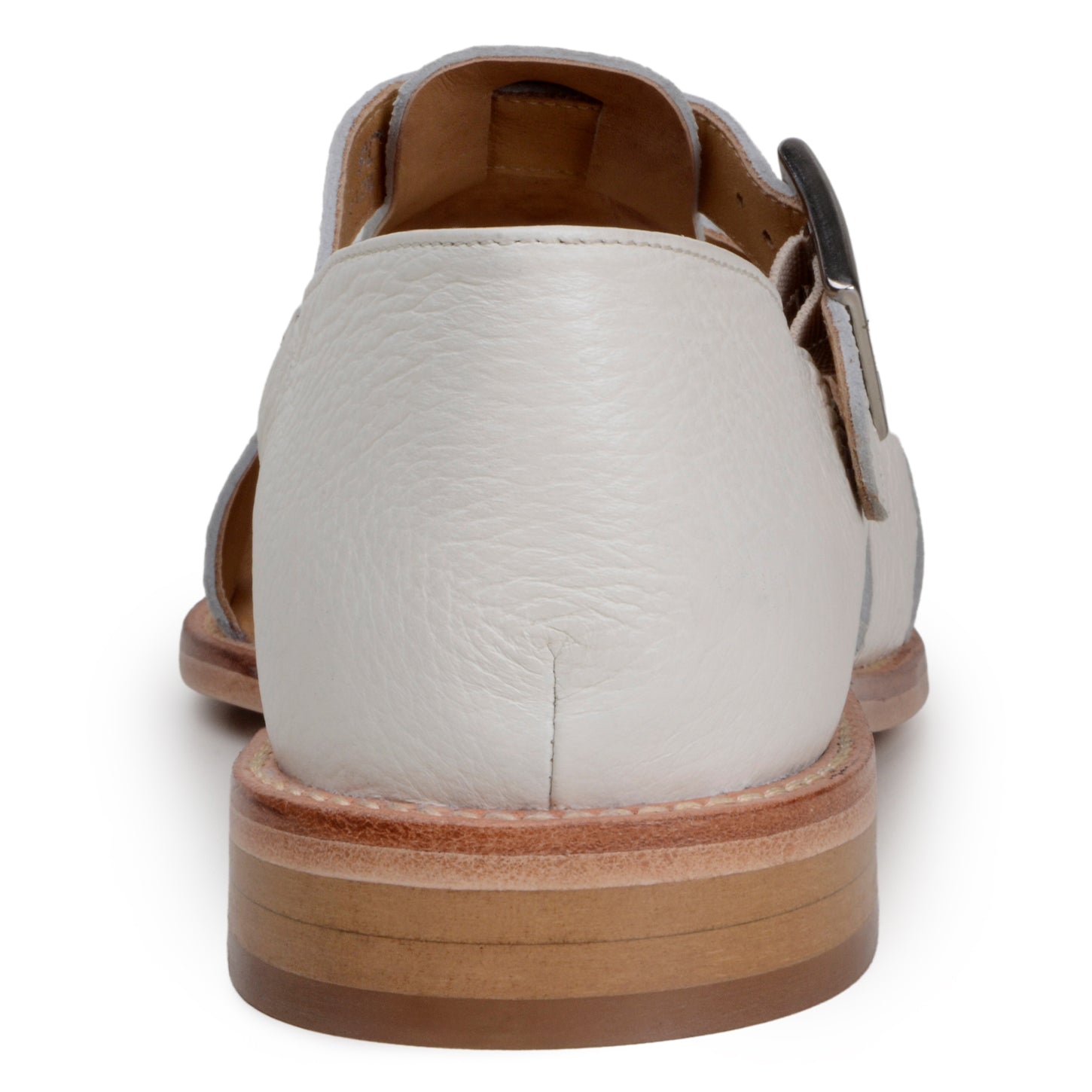 The BELVEDERE Elio sandal features genuine Italian deerskin leather in Milk, with a closed heel, open toe, cut-out straps, side buckle, and flat wooden sole, shown in side profile.