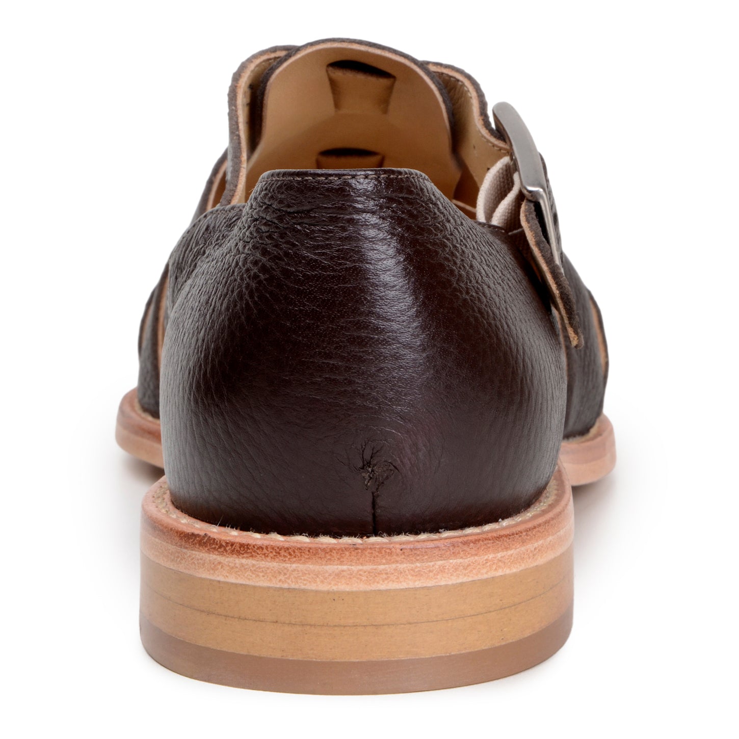 The BELVEDERE Elio is a brown genuine Italian deerskin leather fisherman sandal with a closed heel, open toe, side buckle, and flat sole, shown in side profile.