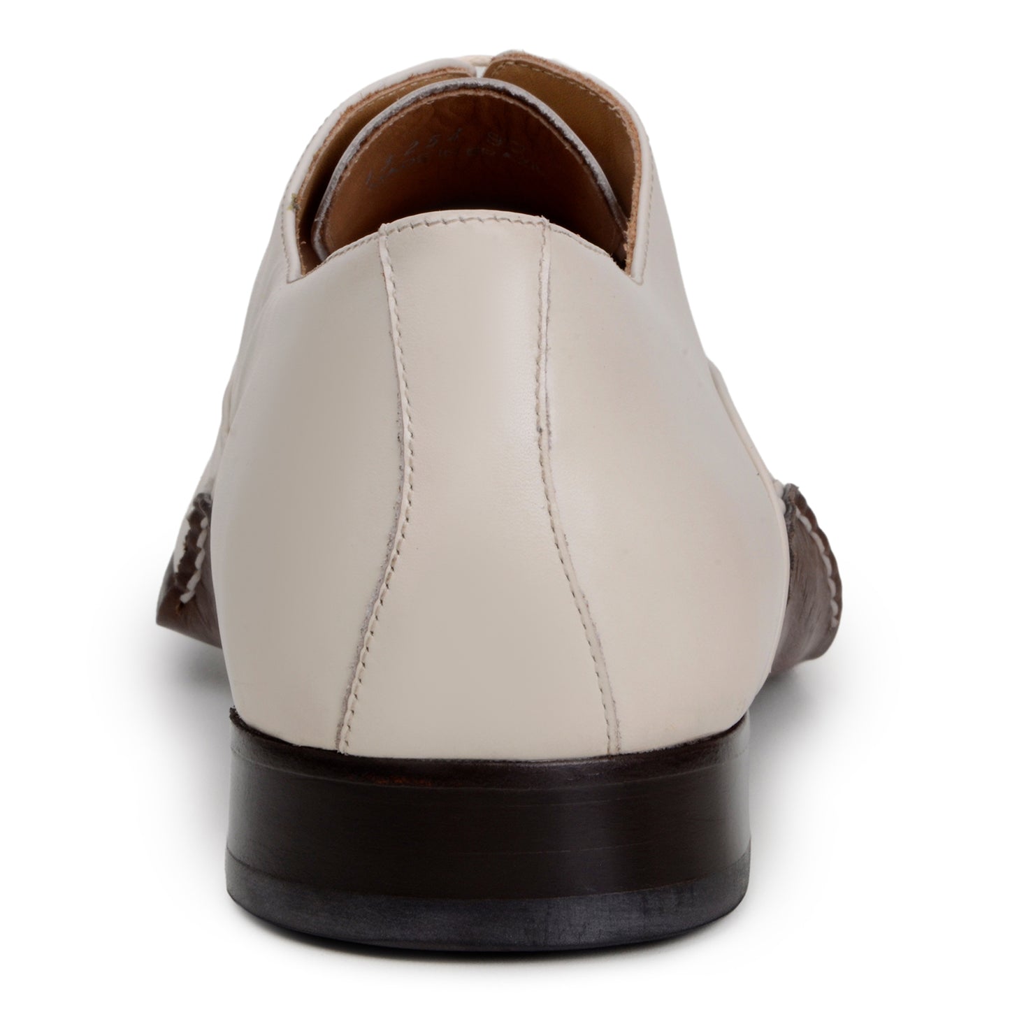 The BELVEDERE Belvedere - Bianca Italian Calf Dress Shoe in Light Bone is a cream-colored full leather oxford with a low heel, brown sole, white stitching, and closed lacing, shown in profile against a white background.
