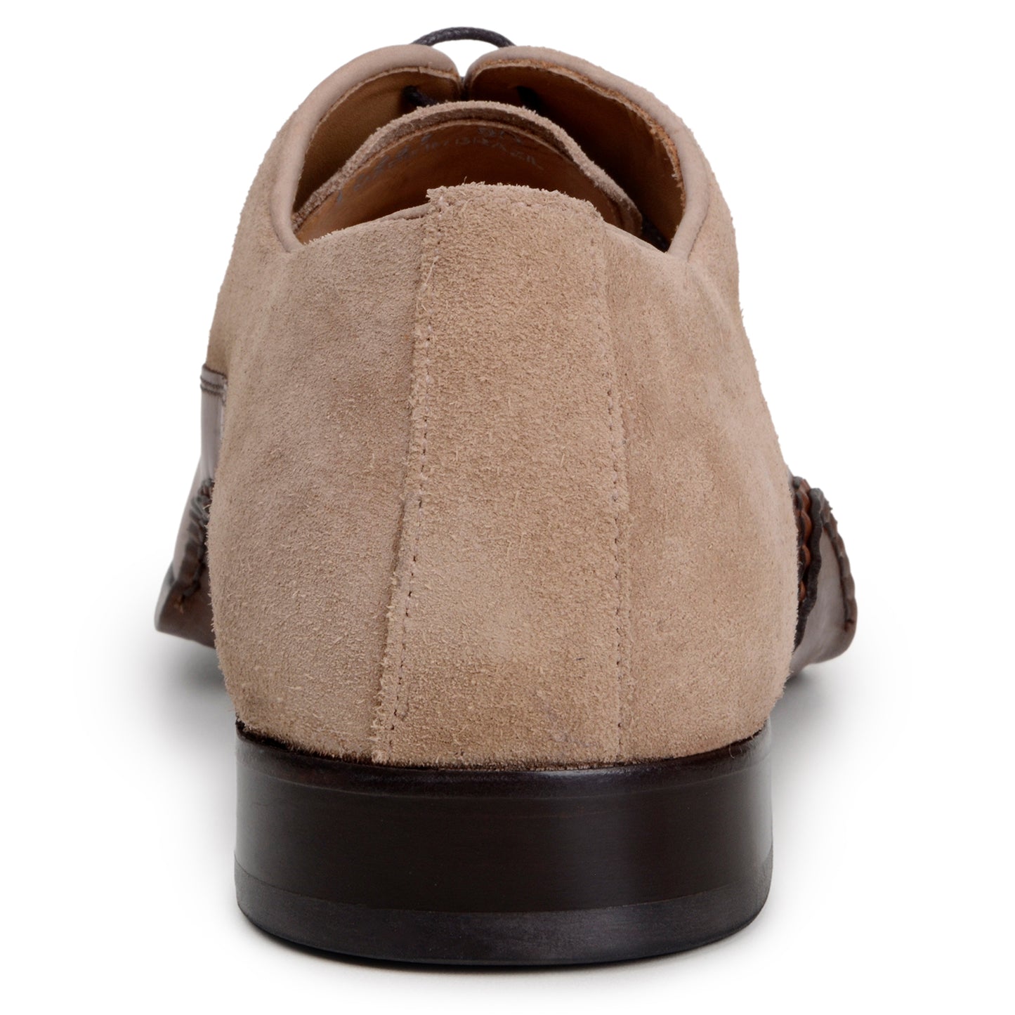 The Belvedere Leontes is a men's dress shoe in Ant. Cognac/Oat, combining Italian calf leather and light brown suede on the upper with dark brown leather on the toe, heel, and sole. Features include a low heel and lace-up closure.