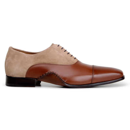 The Belvedere Leontes is a men's dress shoe in Ant. Cognac/Oat, combining Italian calf leather and light brown suede on the upper with dark brown leather on the toe, heel, and sole. Features include a low heel and lace-up closure.