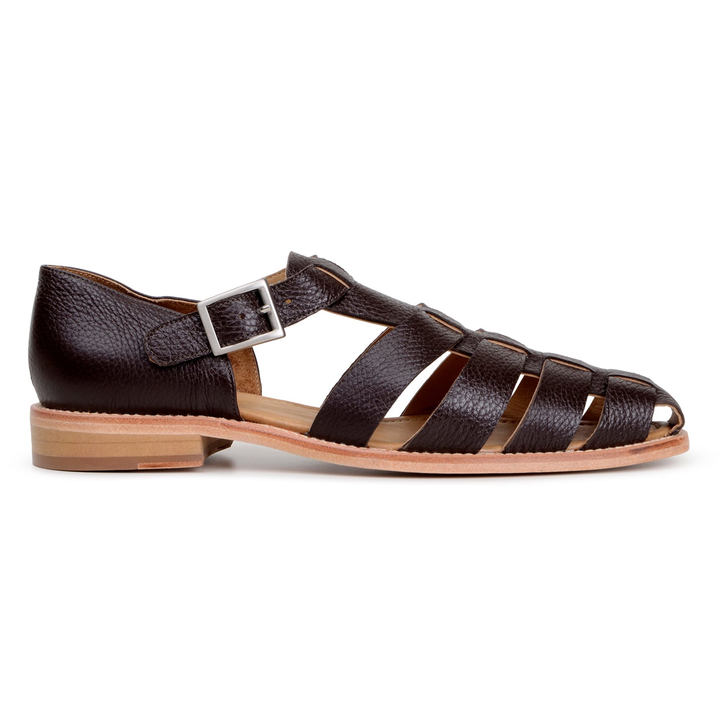 The BELVEDERE Elio is a brown genuine Italian deerskin leather fisherman sandal with a closed heel, open toe, side buckle, and flat sole, shown in side profile.