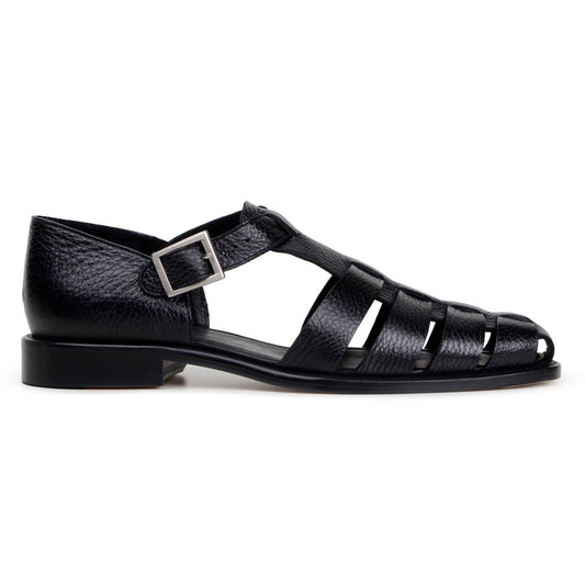 The BELVEDERE Elio is a genuine Italian deerskin leather fisherman sandal in black, featuring a closed heel, open sides, toe cutouts, and a silver buckle strap, shown in profile against a white background.