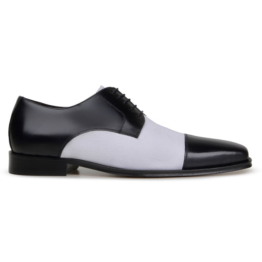 The BELVEDERE Belvedere - Alexander is a black and white genuine Italian deerskin/calf dress shoe with black laces, a low heel, and a smooth polished finish.