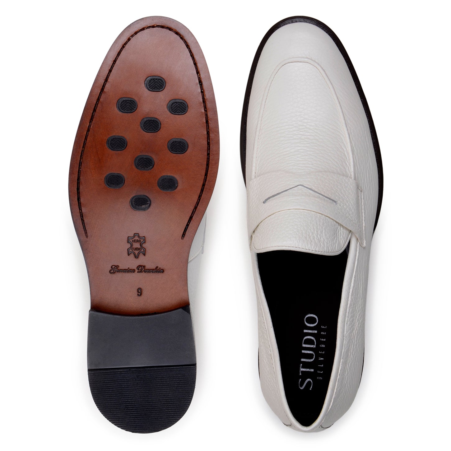 The BELVEDERE Nohr is a genuine Italian deerskin dress shoe in white, handcrafted in Brazil with a low black heel, shown from the side against a plain background.