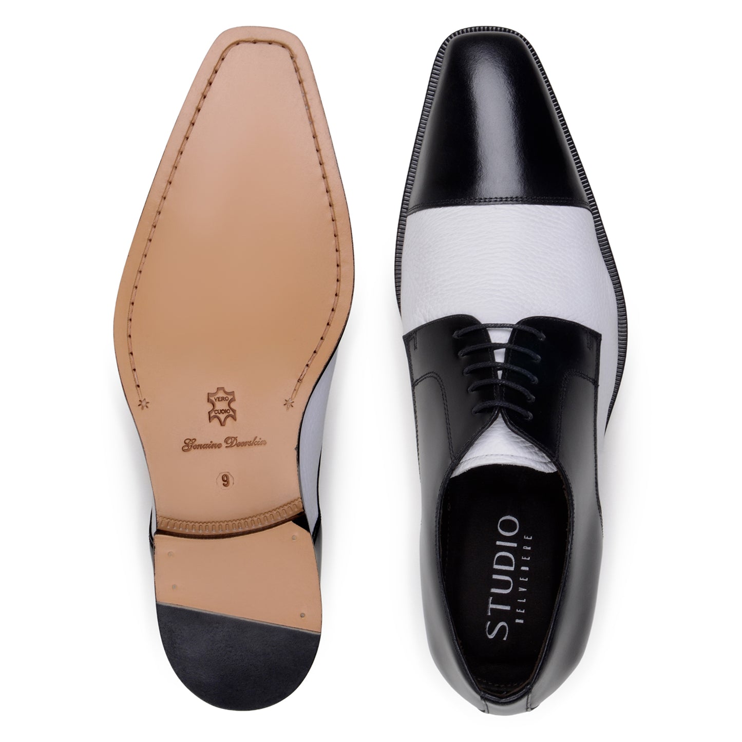 The BELVEDERE Belvedere - Alexander is a black and white genuine Italian deerskin/calf dress shoe with black laces, a low heel, and a smooth polished finish.
