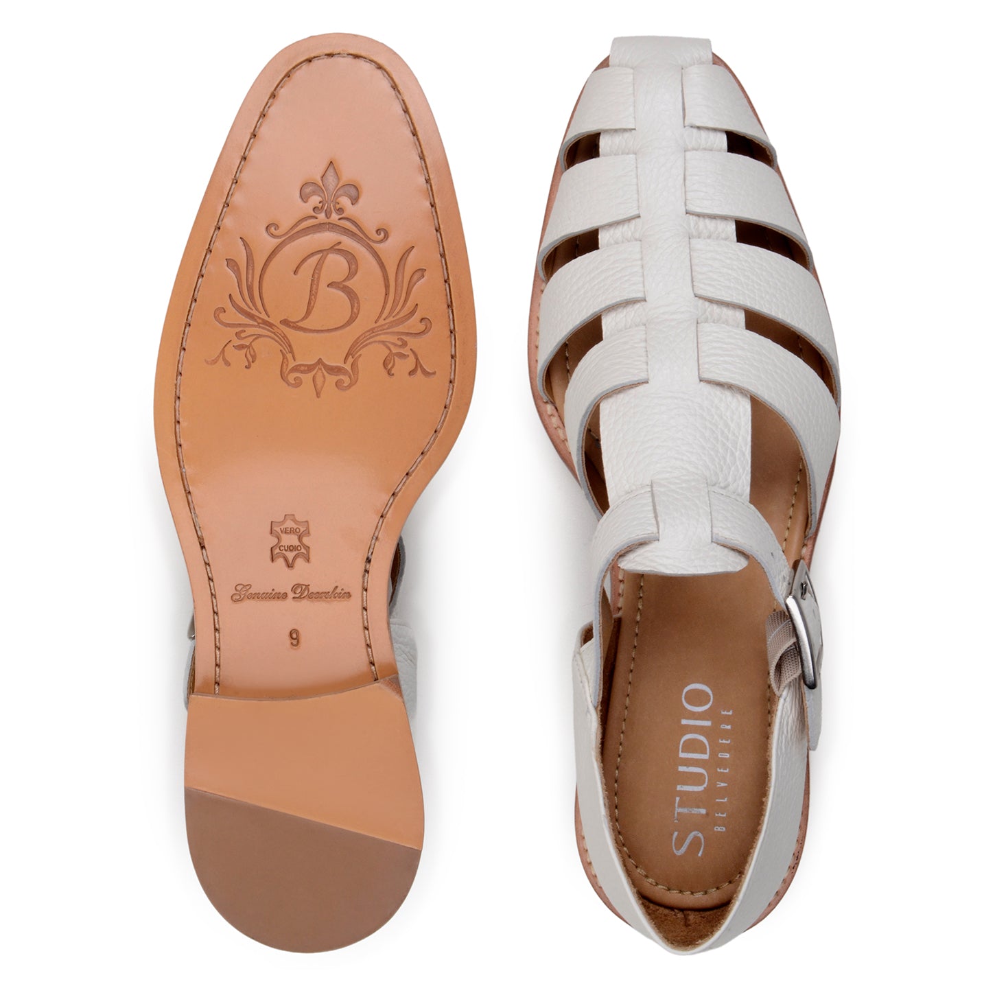 The BELVEDERE Elio sandal features genuine Italian deerskin leather in Milk, with a closed heel, open toe, cut-out straps, side buckle, and flat wooden sole, shown in side profile.