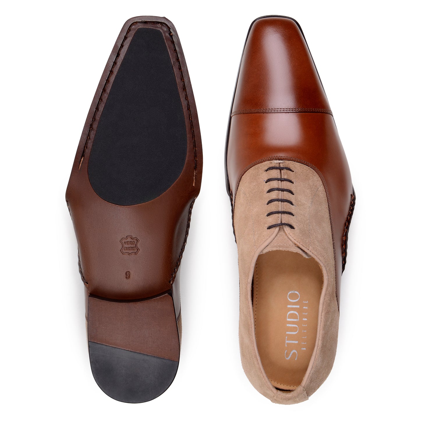 The Belvedere Leontes is a men's dress shoe in Ant. Cognac/Oat, combining Italian calf leather and light brown suede on the upper with dark brown leather on the toe, heel, and sole. Features include a low heel and lace-up closure.