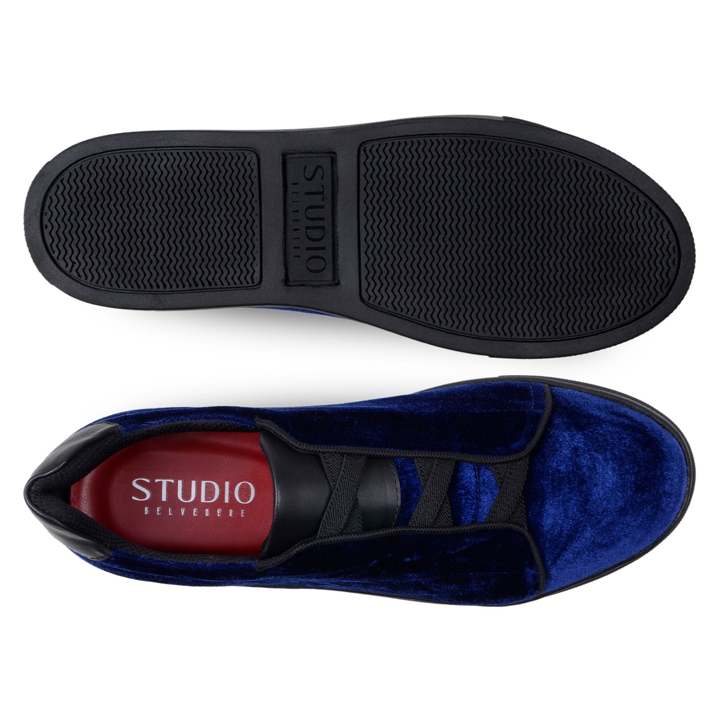The BELVEDERE Eros is a navy premium velvet low-top sneaker with black laces, a black leather heel detail, and a black rubber sole, shown in a sleek side profile.