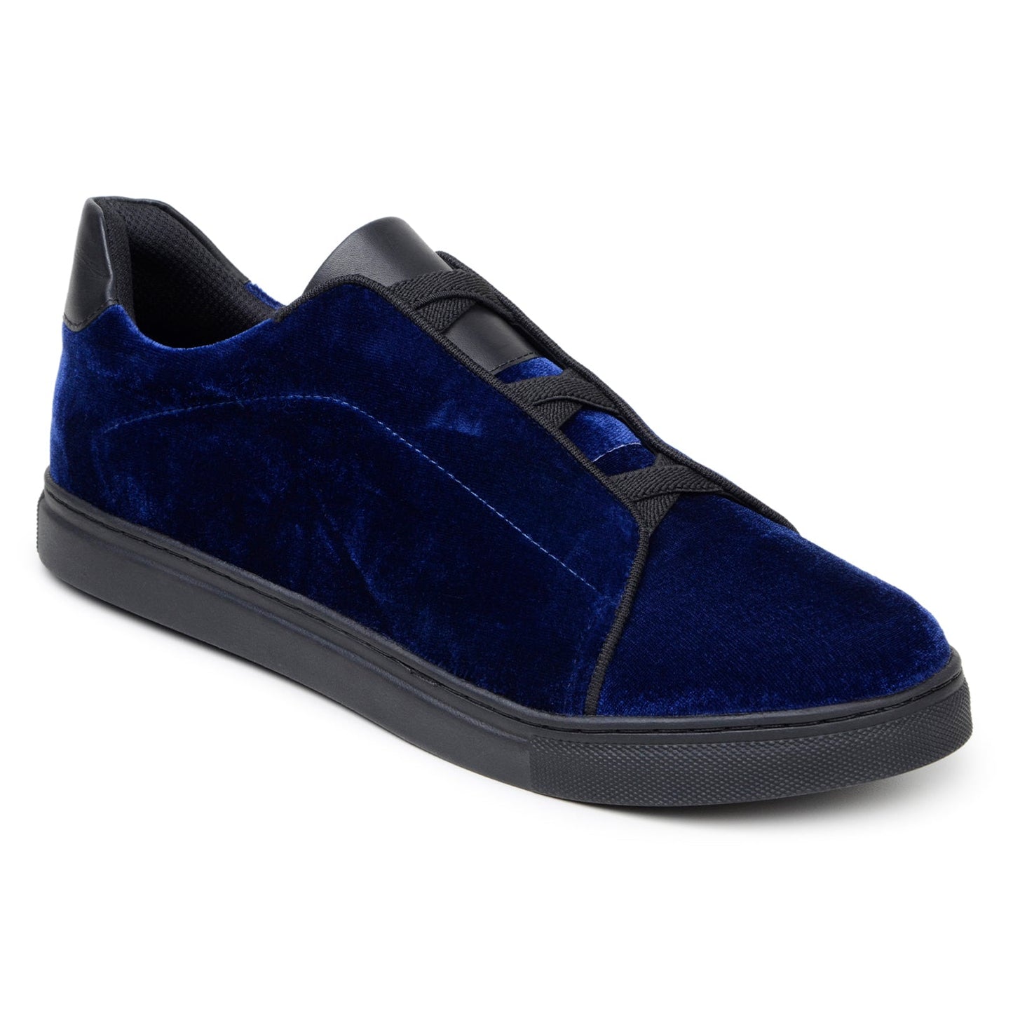 The BELVEDERE Eros is a navy premium velvet low-top sneaker with black laces, a black leather heel detail, and a black rubber sole, shown in a sleek side profile.