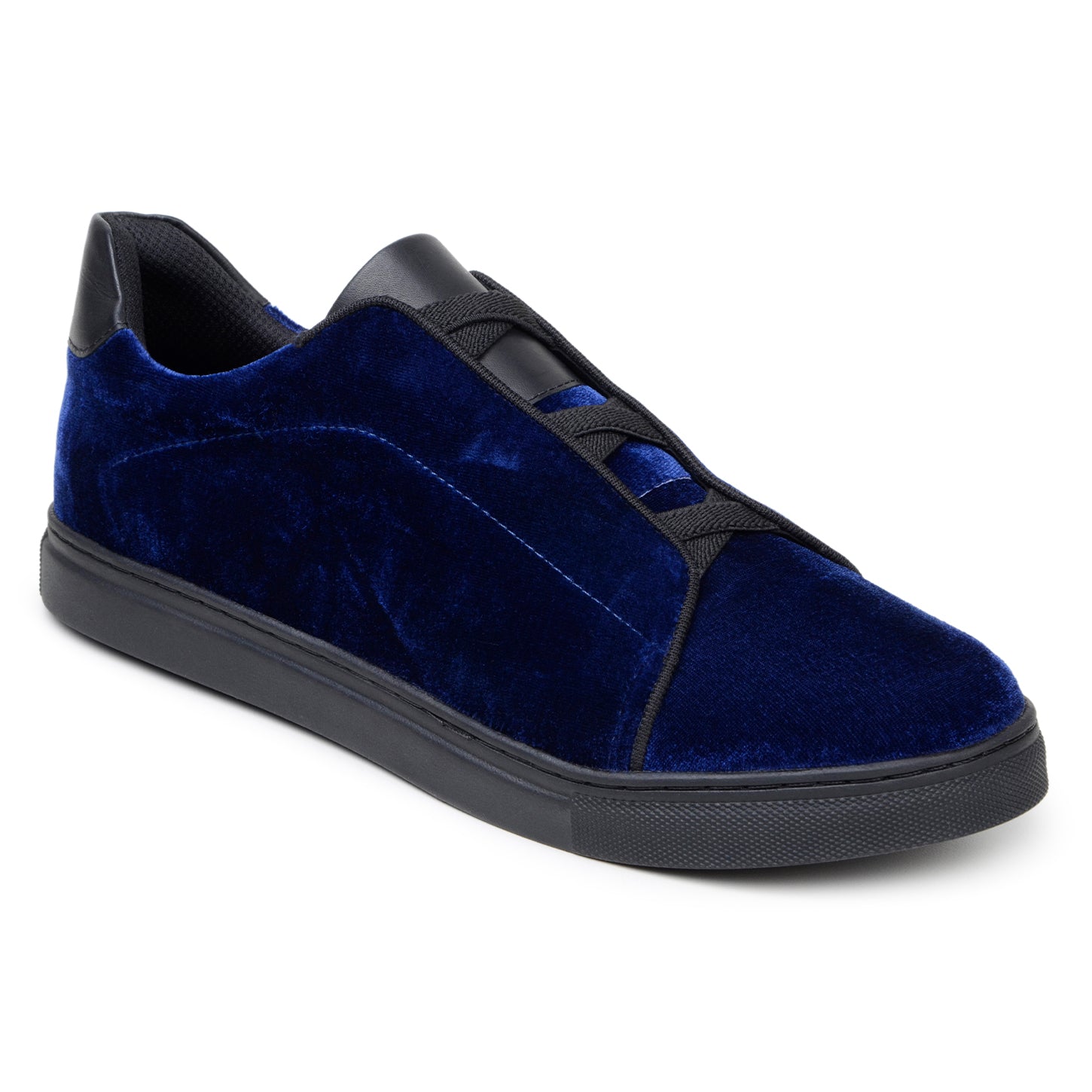 The BELVEDERE Eros is a navy premium velvet low-top sneaker with black laces, a black leather heel detail, and a black rubber sole, shown in a sleek side profile.