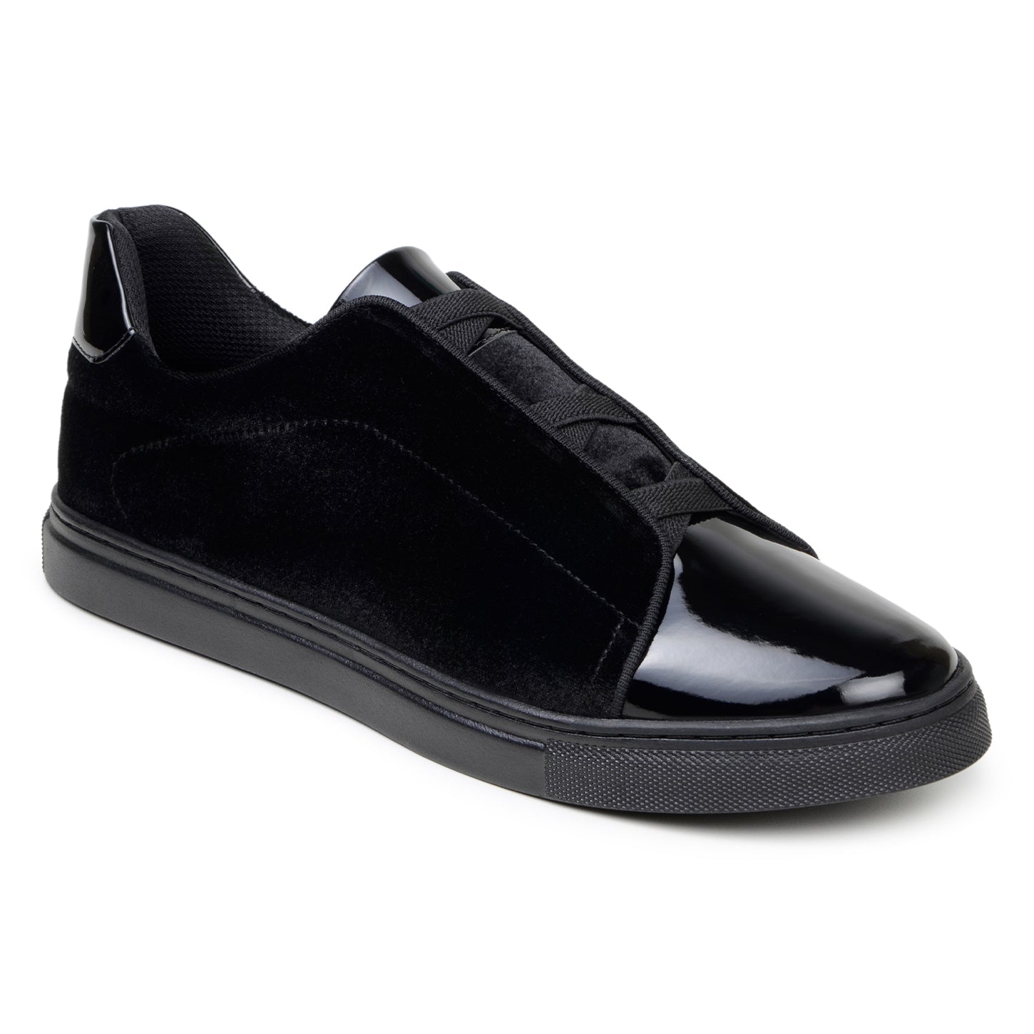 The BELVEDERE Belvedere - Silvano is a black low-top sneaker featuring velvet and patent leather uppers, glossy toe caps, and black soles, shown against a white background.
