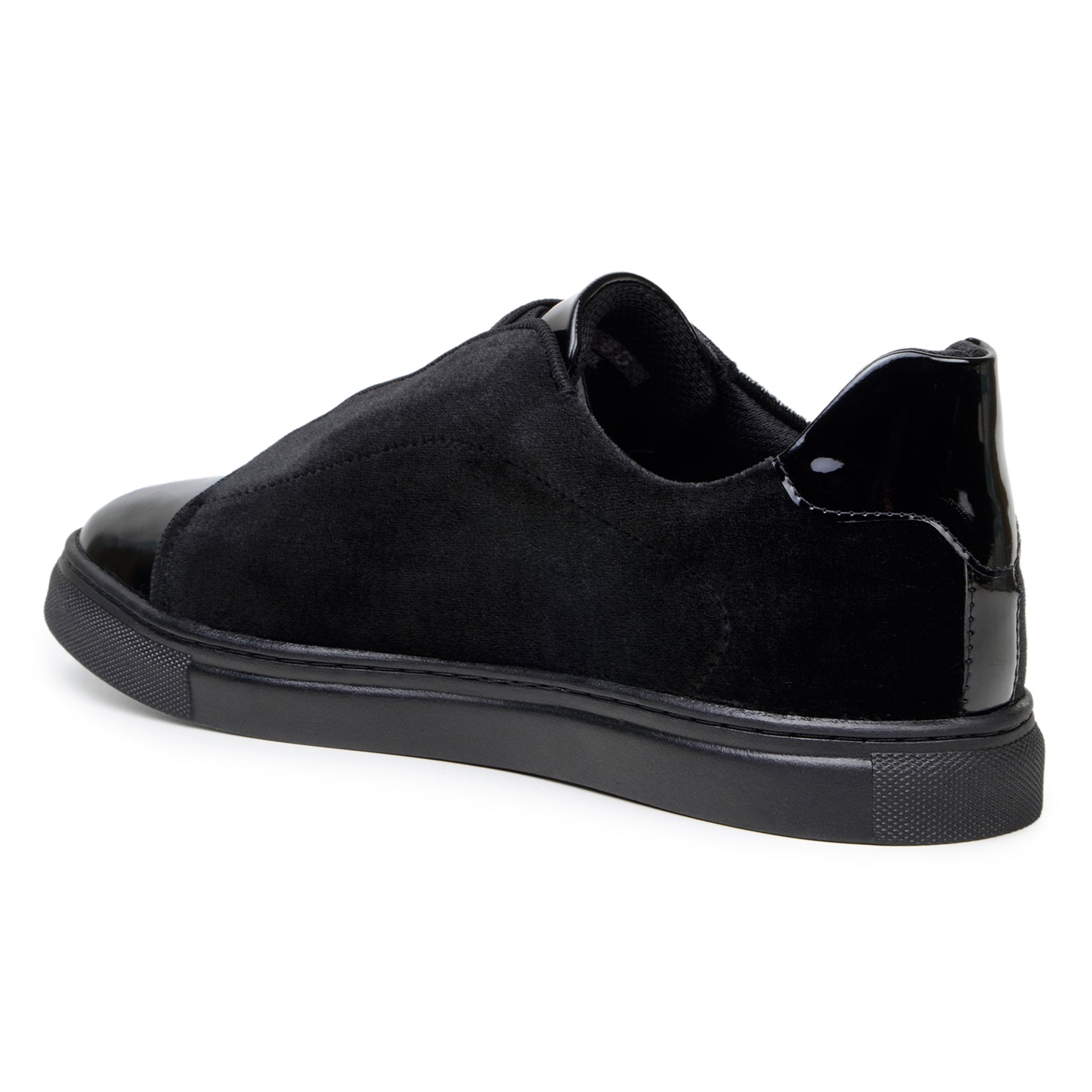 The BELVEDERE Belvedere - Silvano is a black low-top sneaker featuring velvet and patent leather uppers, glossy toe caps, and black soles, shown against a white background.