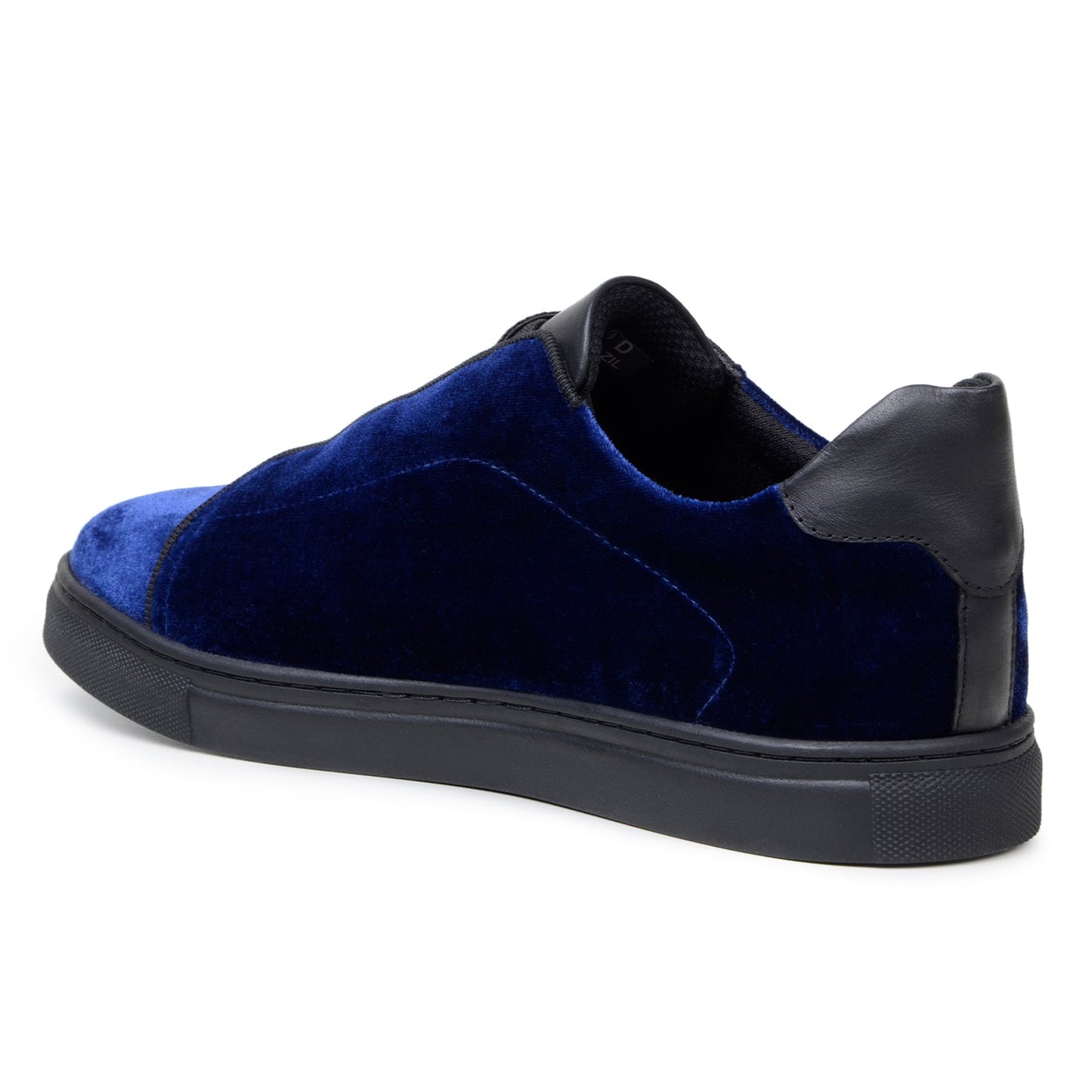 The BELVEDERE Eros is a navy premium velvet low-top sneaker with black laces, a black leather heel detail, and a black rubber sole, shown in a sleek side profile.