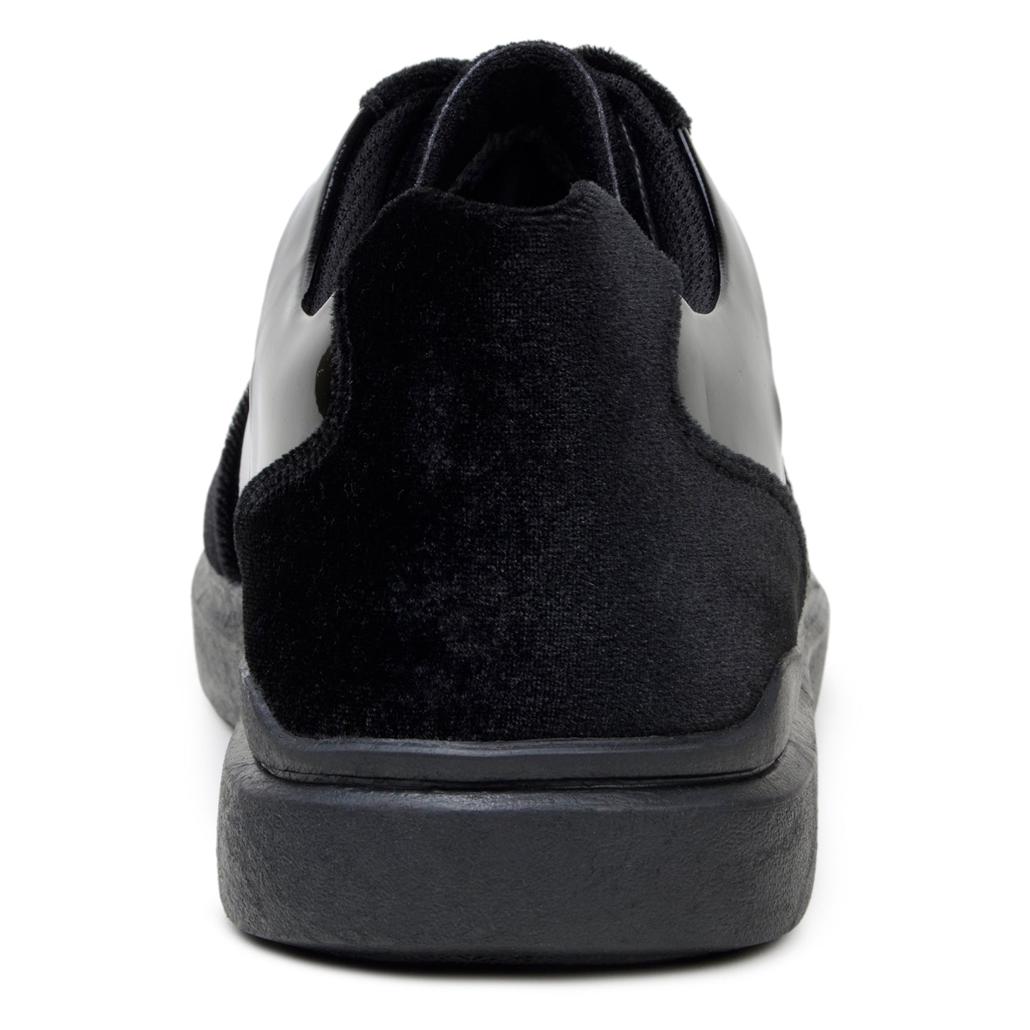 The BELVEDERE Edmound is a black low-top sneaker in patent leather and velvet, featuring glossy side panels, matte suede accents, black laces, and a rubber sole. Available in size 9.5 and 11.5 only. IN STORE FINAL SALE.