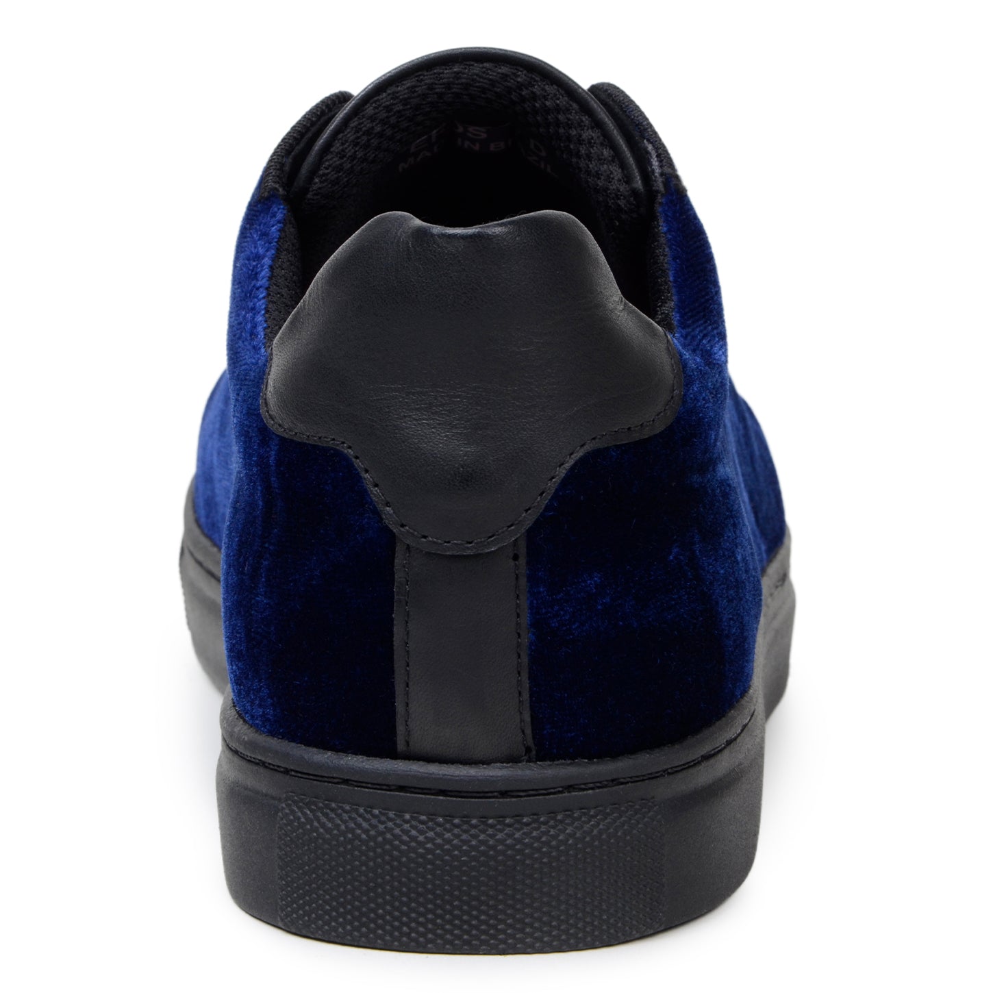 The BELVEDERE Eros is a navy premium velvet low-top sneaker with black laces, a black leather heel detail, and a black rubber sole, shown in a sleek side profile.